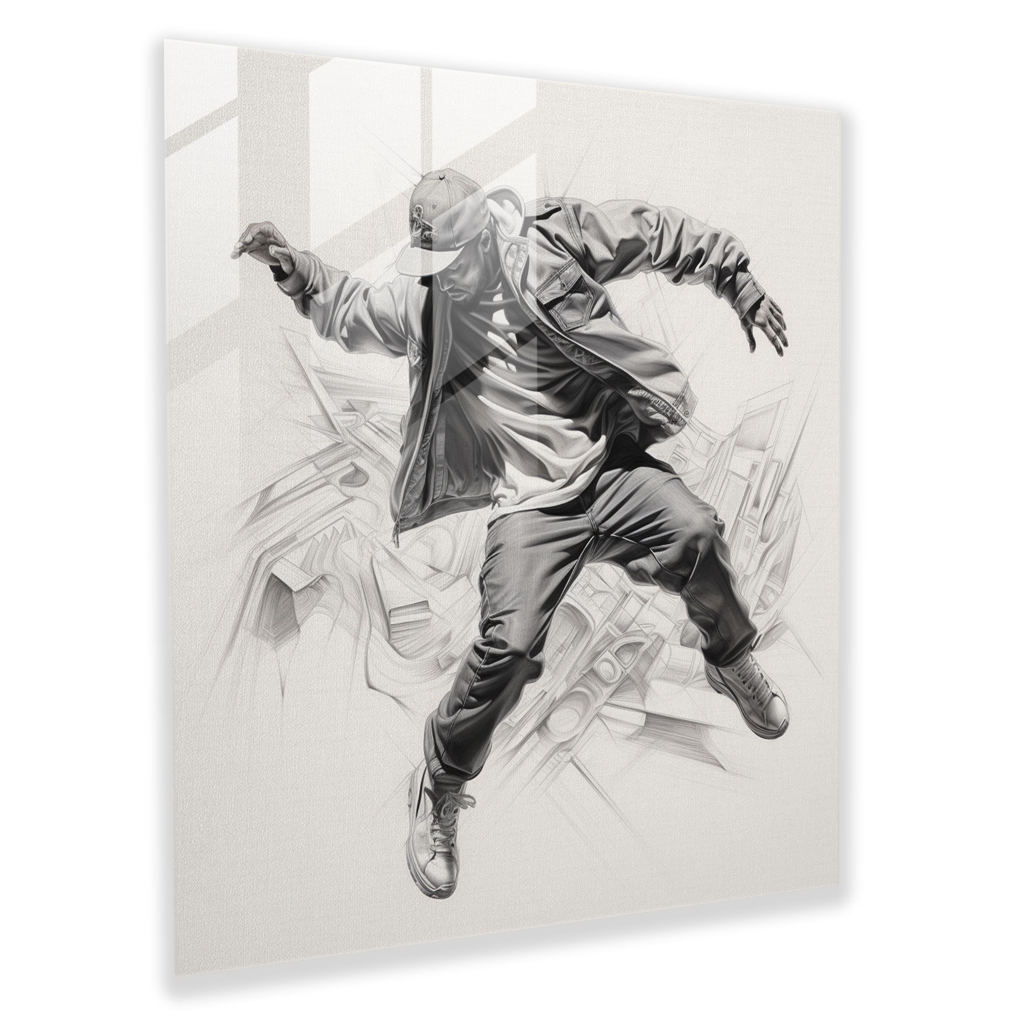 Detailreiches Graphit-Fusionsglasbild - Dynamisches Hip-Hop-Tänzer Glaswandkunstwerk - Moderne Wohnkultur