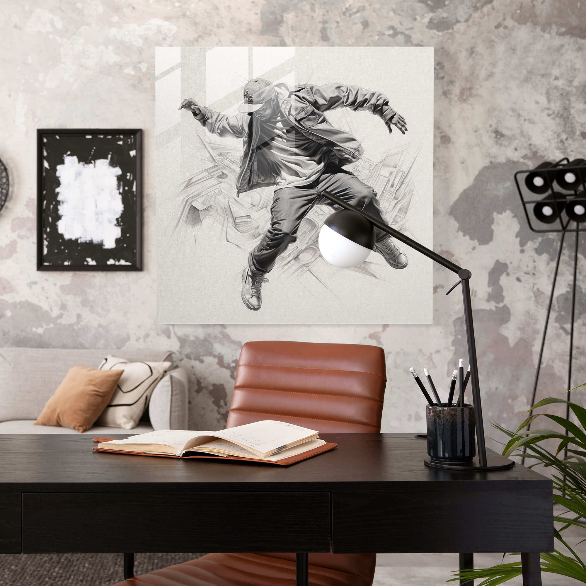 Detailreiches Graphit-Fusionsglasbild - Dynamisches Hip-Hop-Tänzer Glaswandkunstwerk - Moderne Wohnkultur
