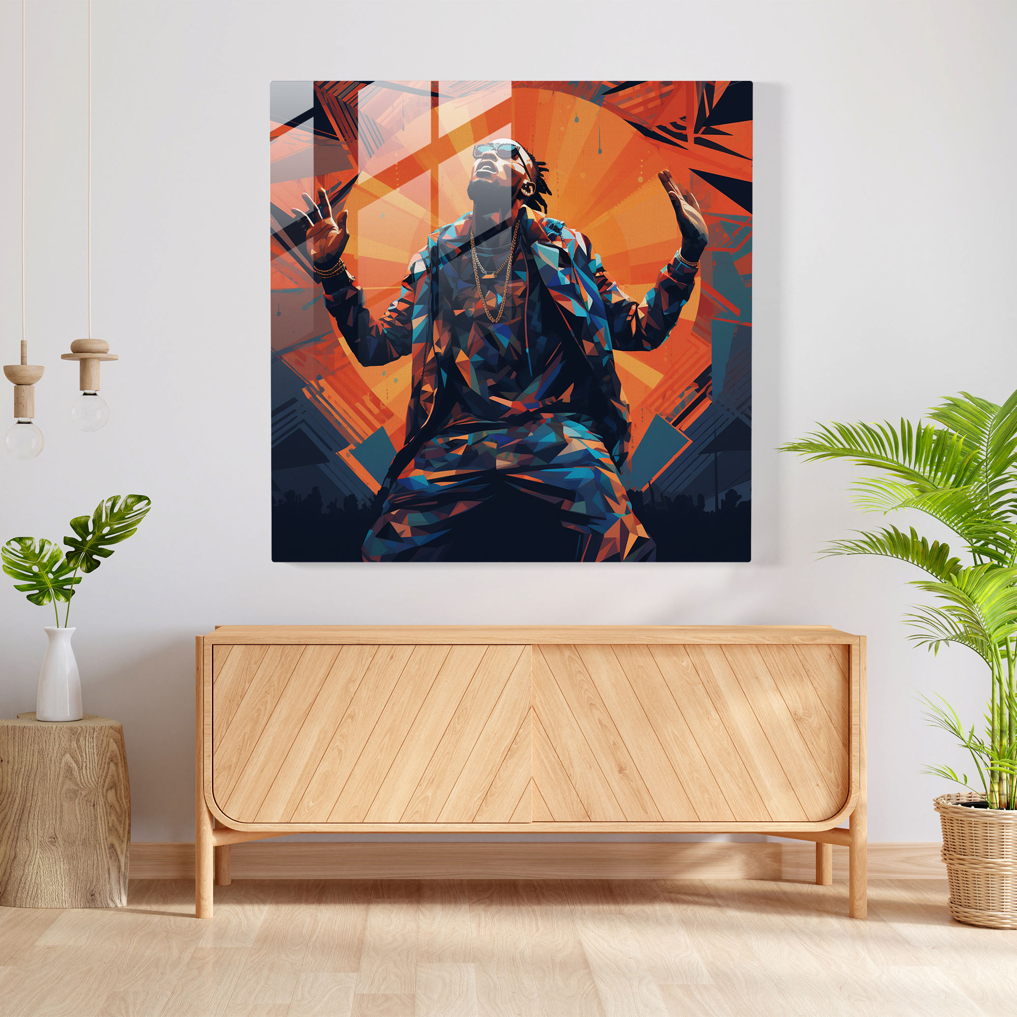 Abstract Geometry Glass Print - Dynamic Rapper Performance Glass Wall Art - Modern Home Decoration