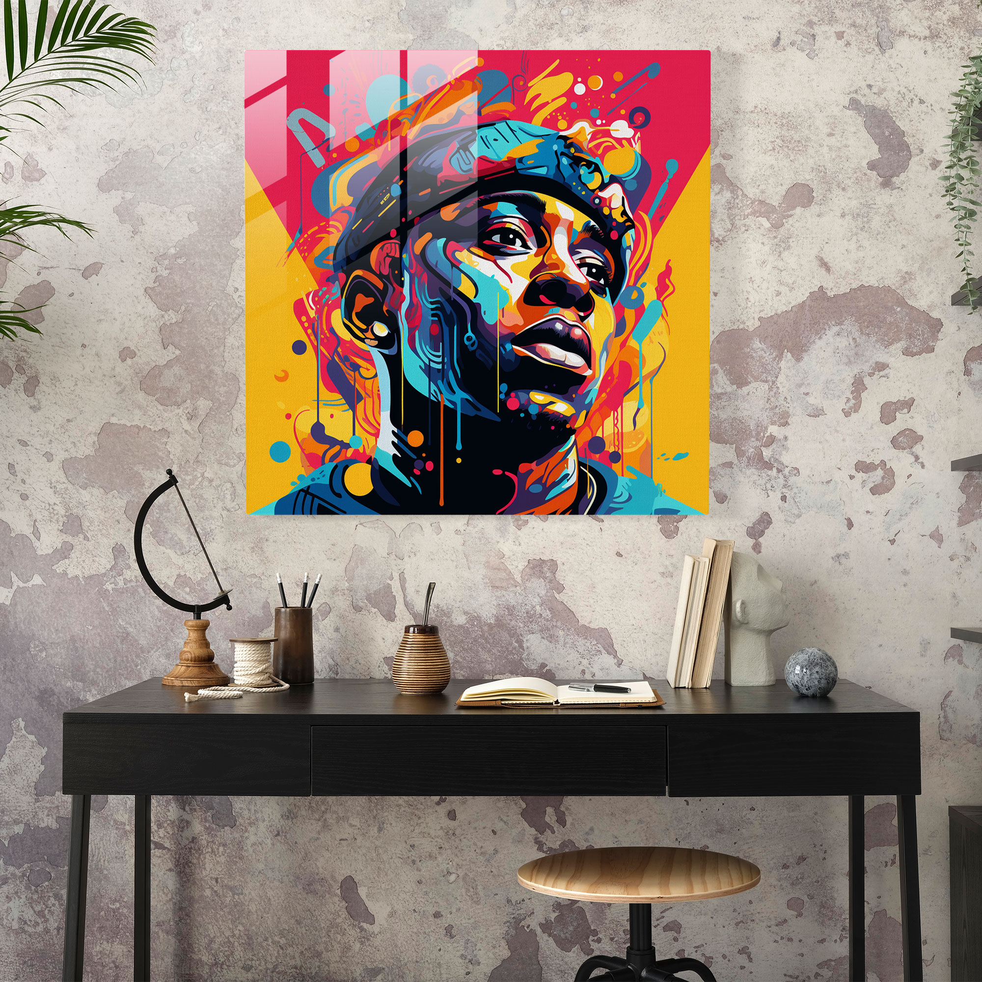 Pop Culture Verve Glass Print - Bold Rapper Portrait Glass Wall Art - Modern Home Decoration