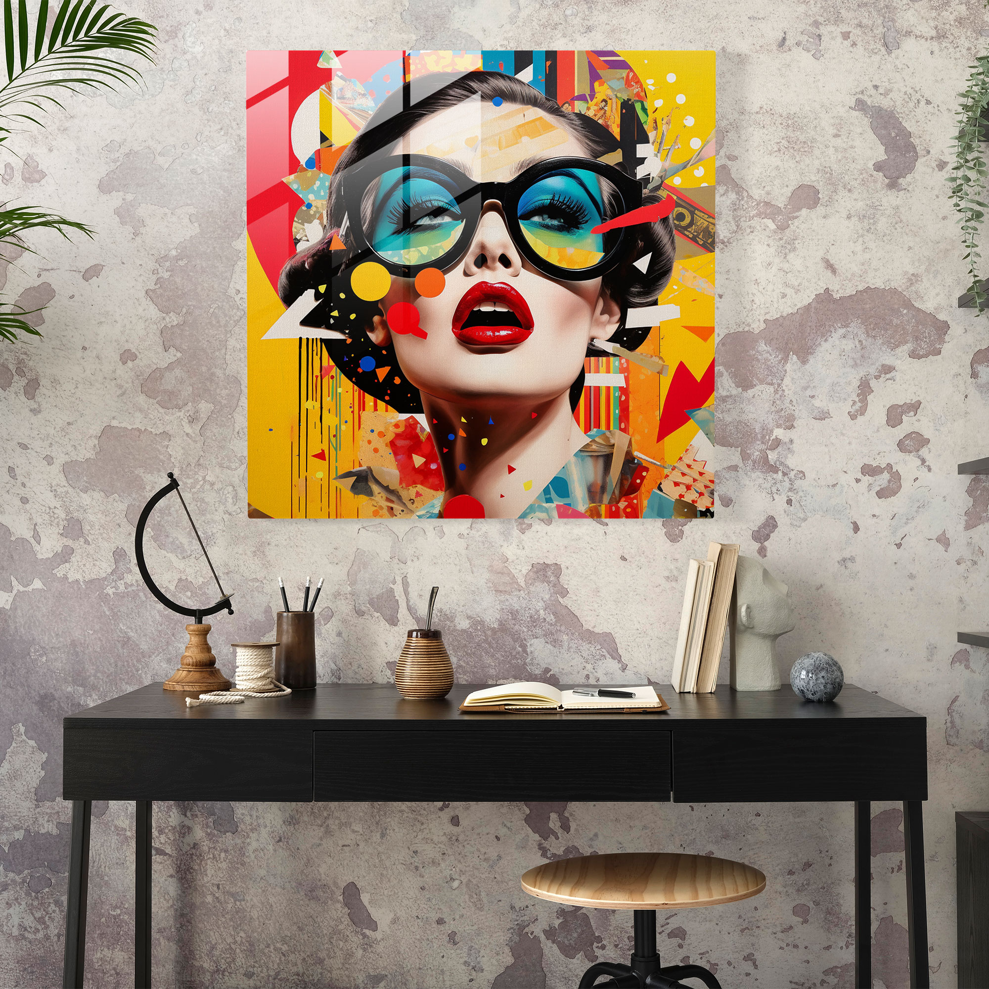 Auffälliges Glasbild: Pop-Art-Collage Wandkunst aus Glas