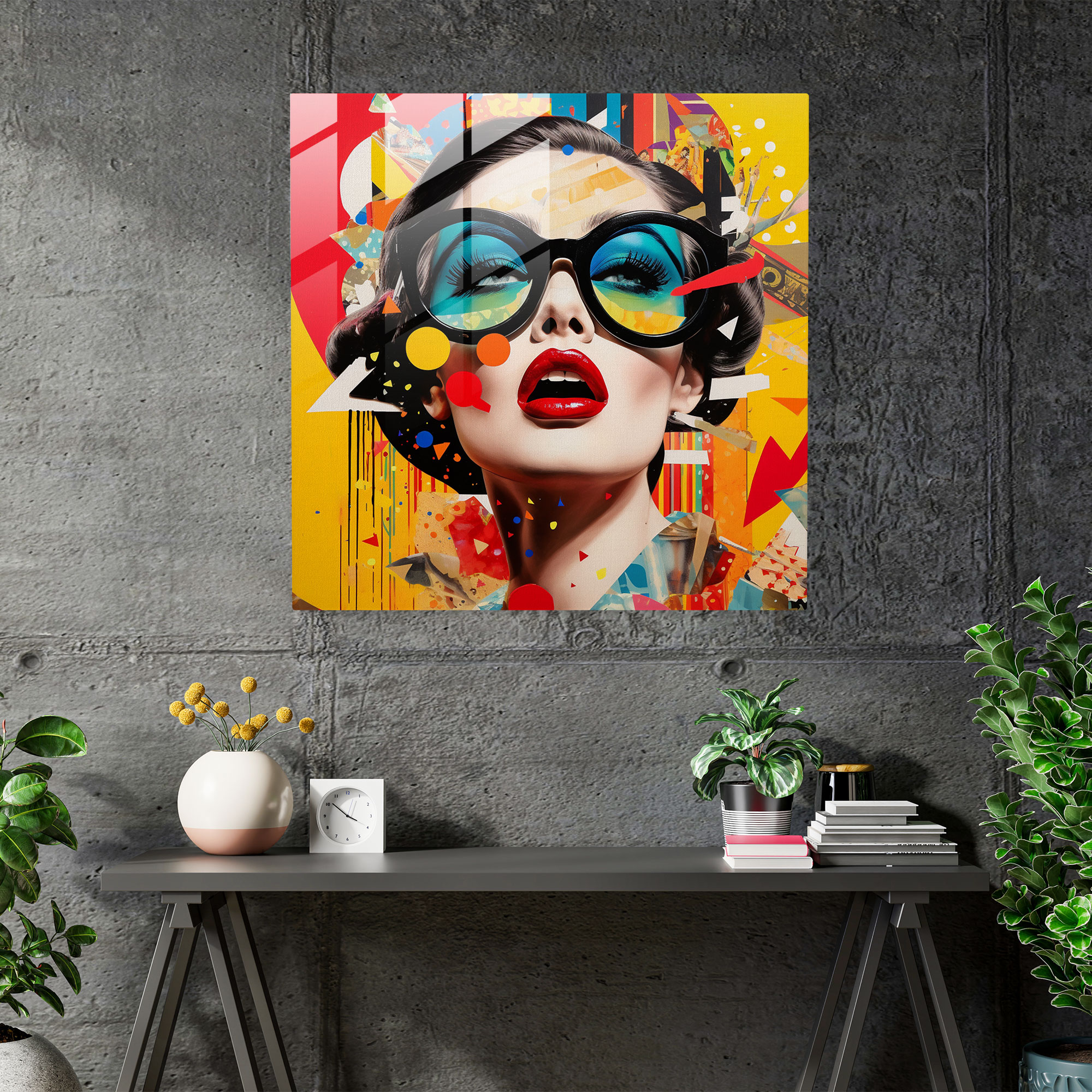 Auffälliges Glasbild: Pop-Art-Collage Wandkunst aus Glas