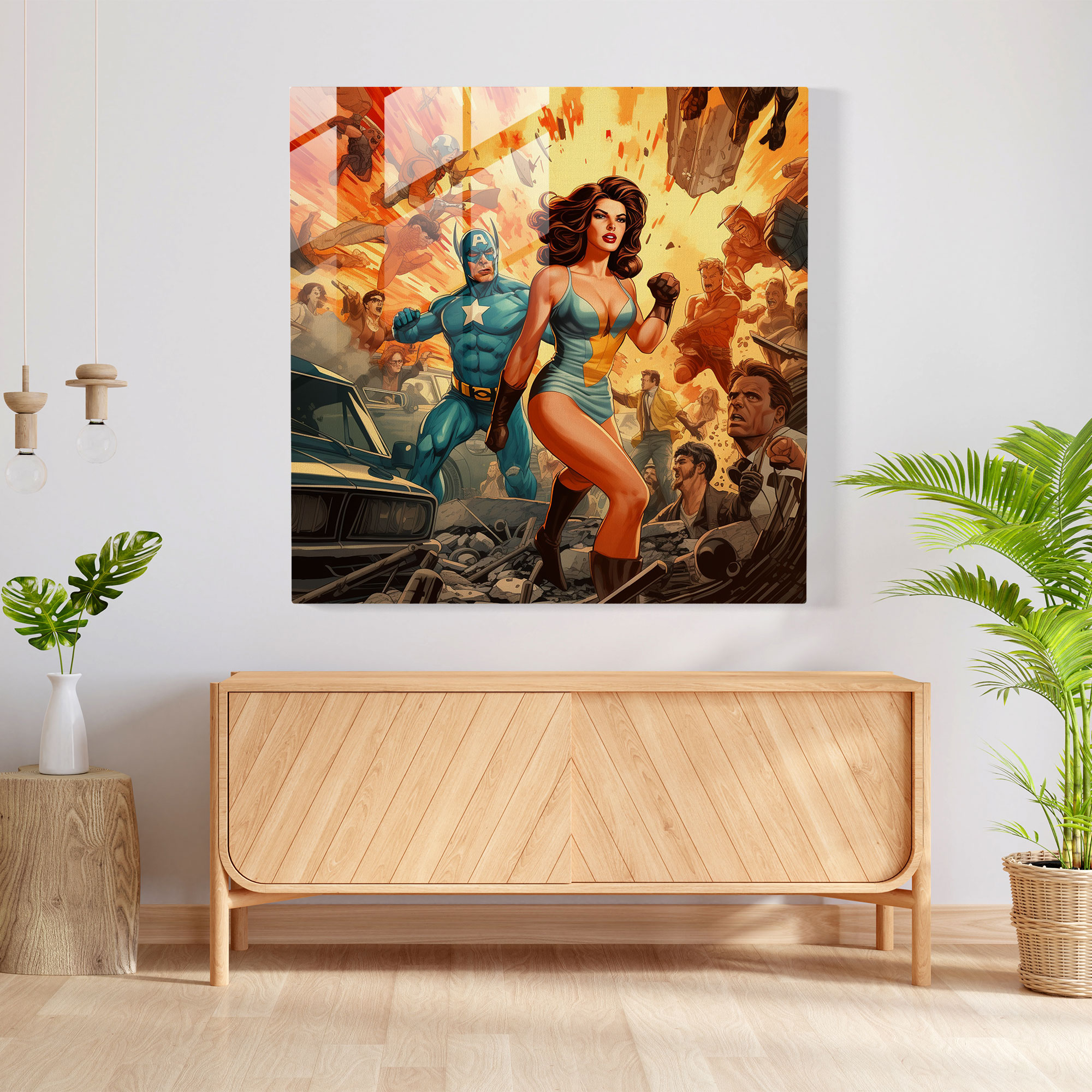 Dynamic Retro Comic Book Glass Print: Action-Packed Superhero Scene, Vintage Wall Decor