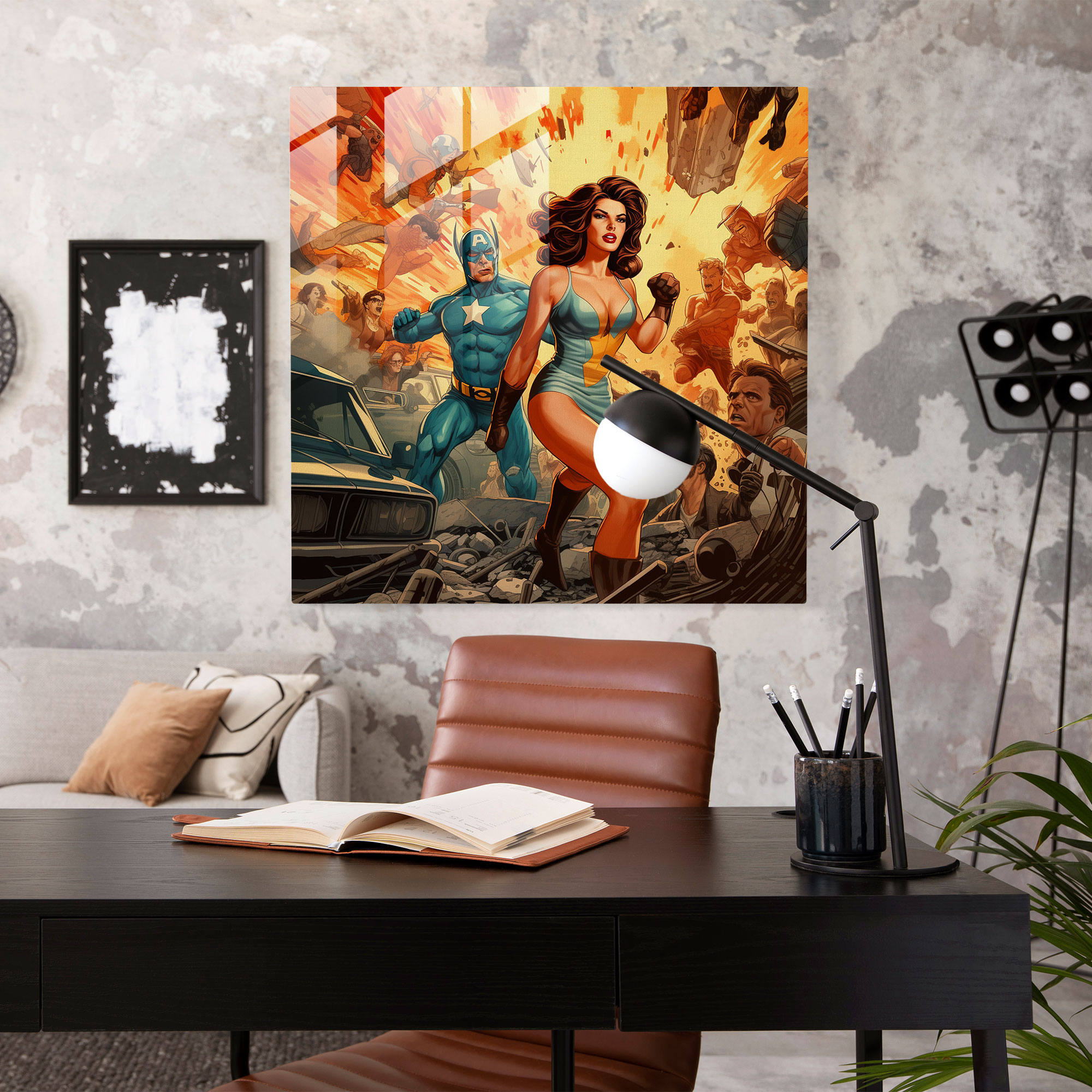 Dynamic Retro Comic Book Glass Print: Action-Packed Superhero Scene, Vintage Wall Decor