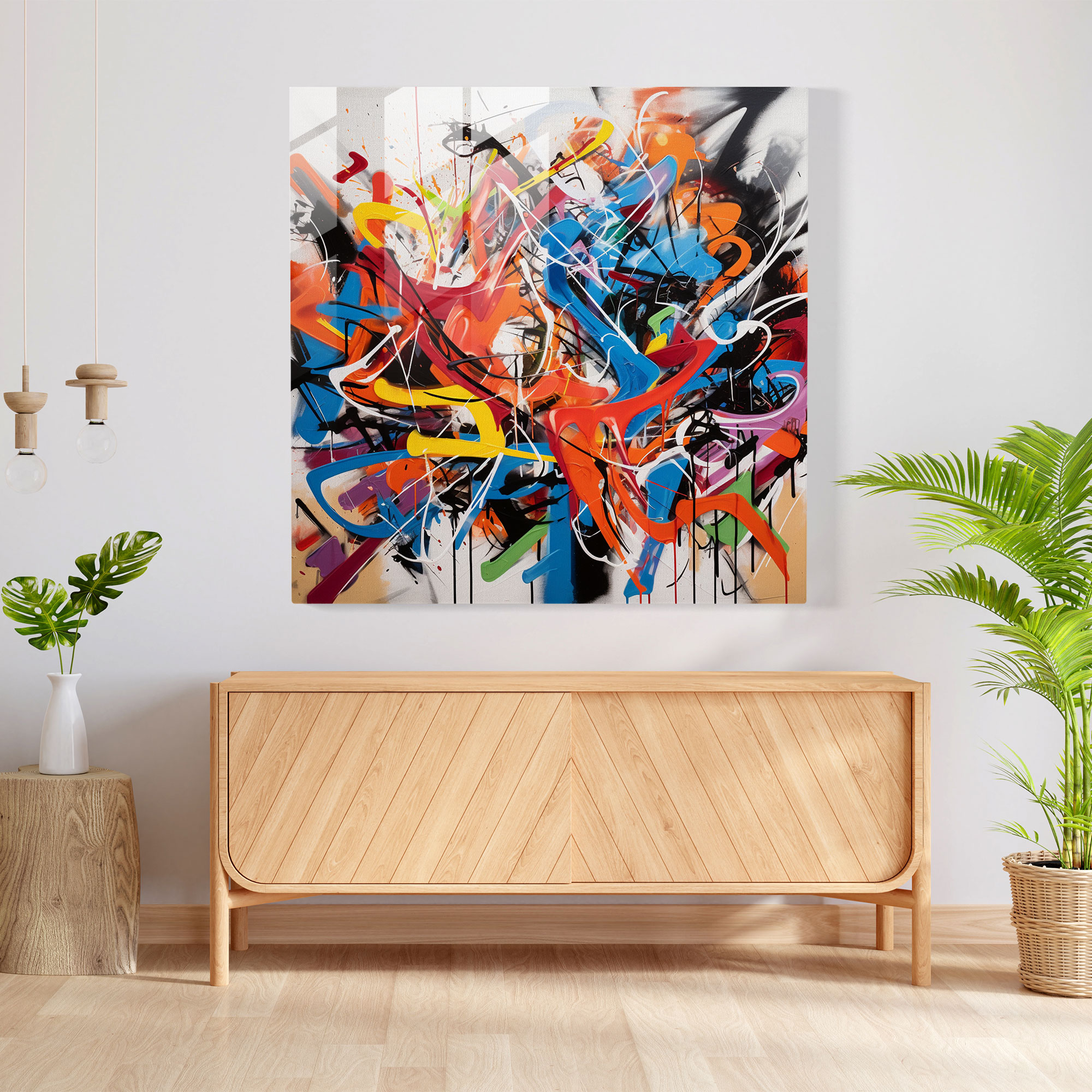 Rebellious Abstract Graffiti Glass Print: Bold Colors and Expressive Brushstrokes, Hip-Hop Wall Decoration