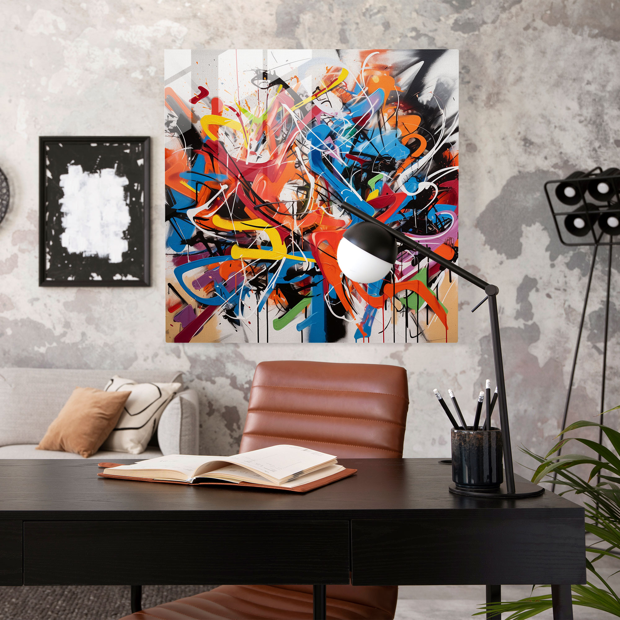 Rebellious Abstract Graffiti Glass Print: Bold Colors and Expressive Brushstrokes, Hip-Hop Wall Decoration