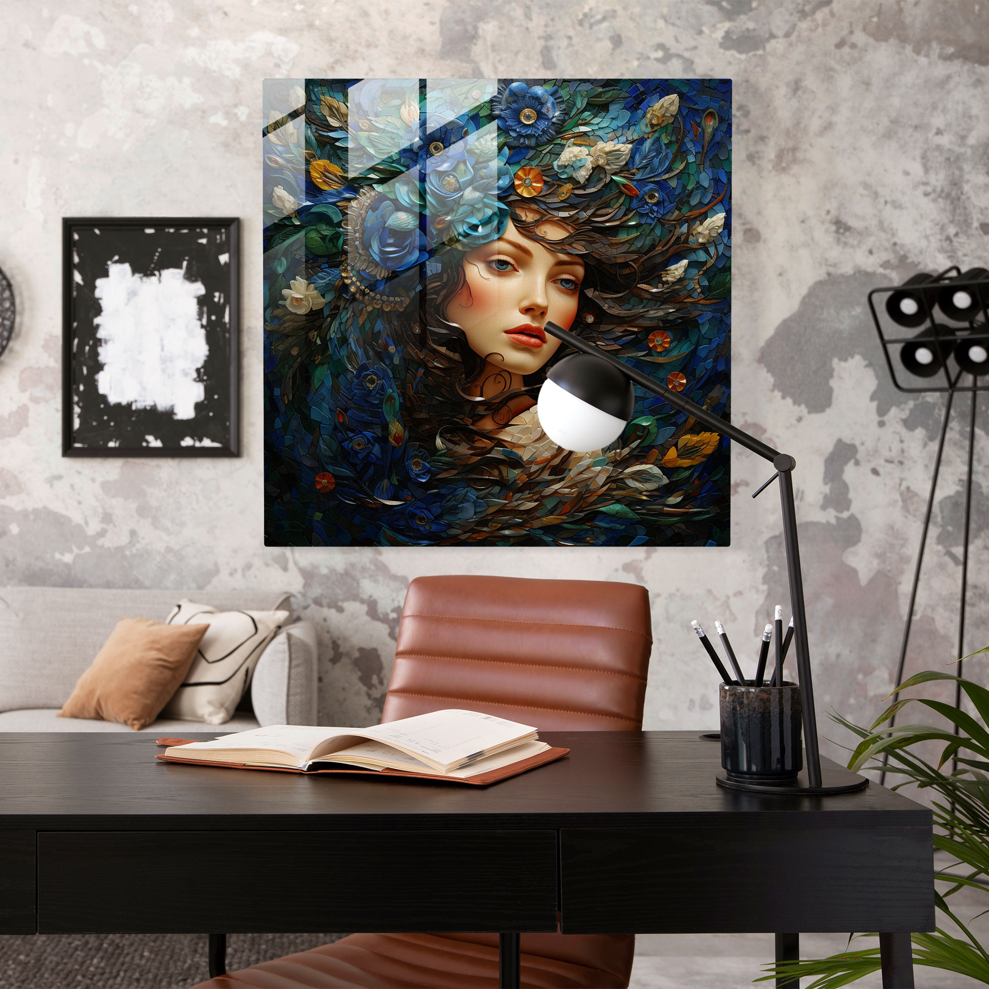 Faszinierendes Glasbild eines raffinierten Mosaik-Kunstwerks Symphonie aus Mustern und Farben Eleganz und visueller Anziehungskraft Glasbild Wohnkultur Wanddekoration Moderne Kunstarbeit.