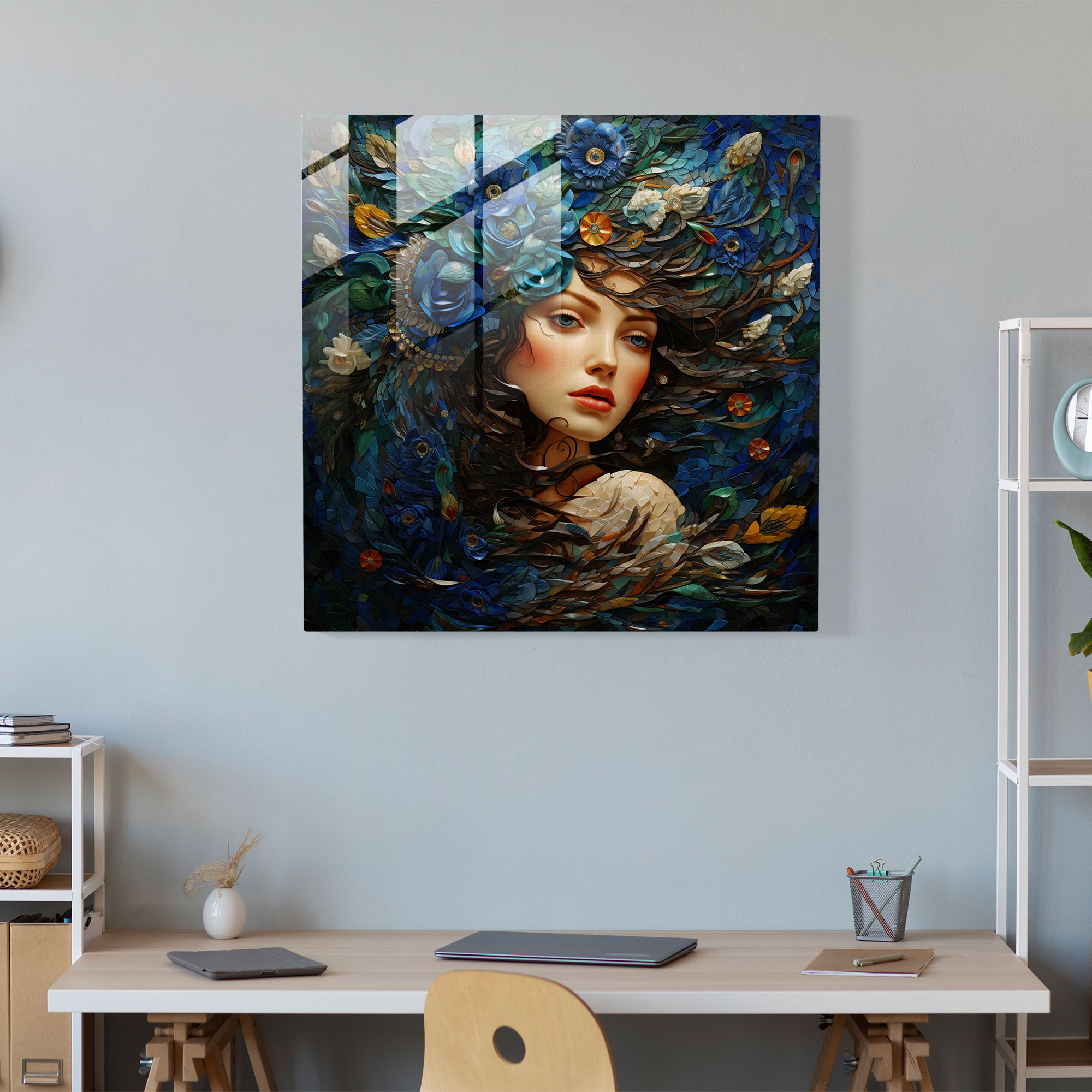 Faszinierendes Glasbild eines raffinierten Mosaik-Kunstwerks Symphonie aus Mustern und Farben Eleganz und visueller Anziehungskraft Glasbild Wohnkultur Wanddekoration Moderne Kunstarbeit.