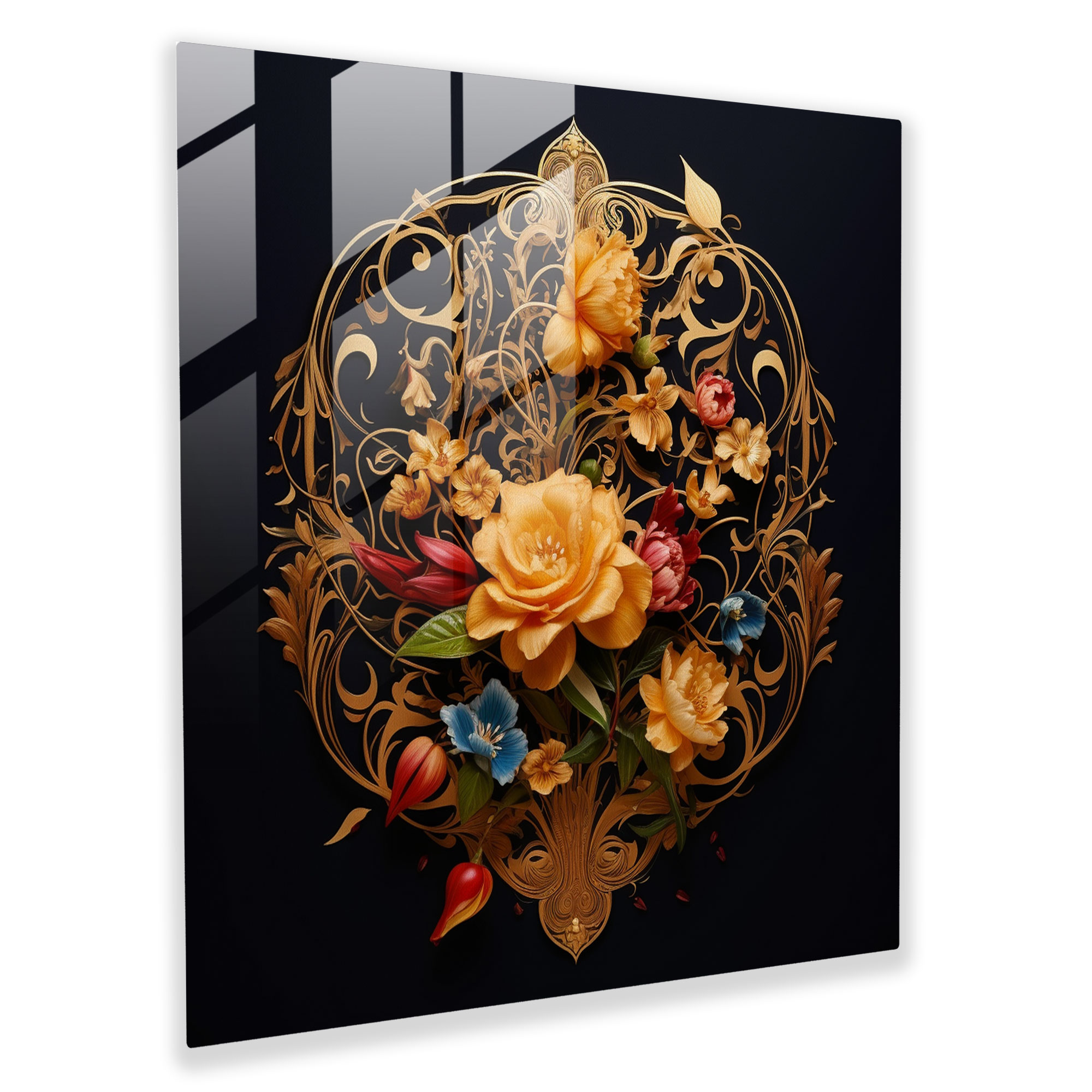 Golden Quranic Blossoms Glass Print - Holy Quran, Golden Calligraphy, Holy Quran, Home Decoration