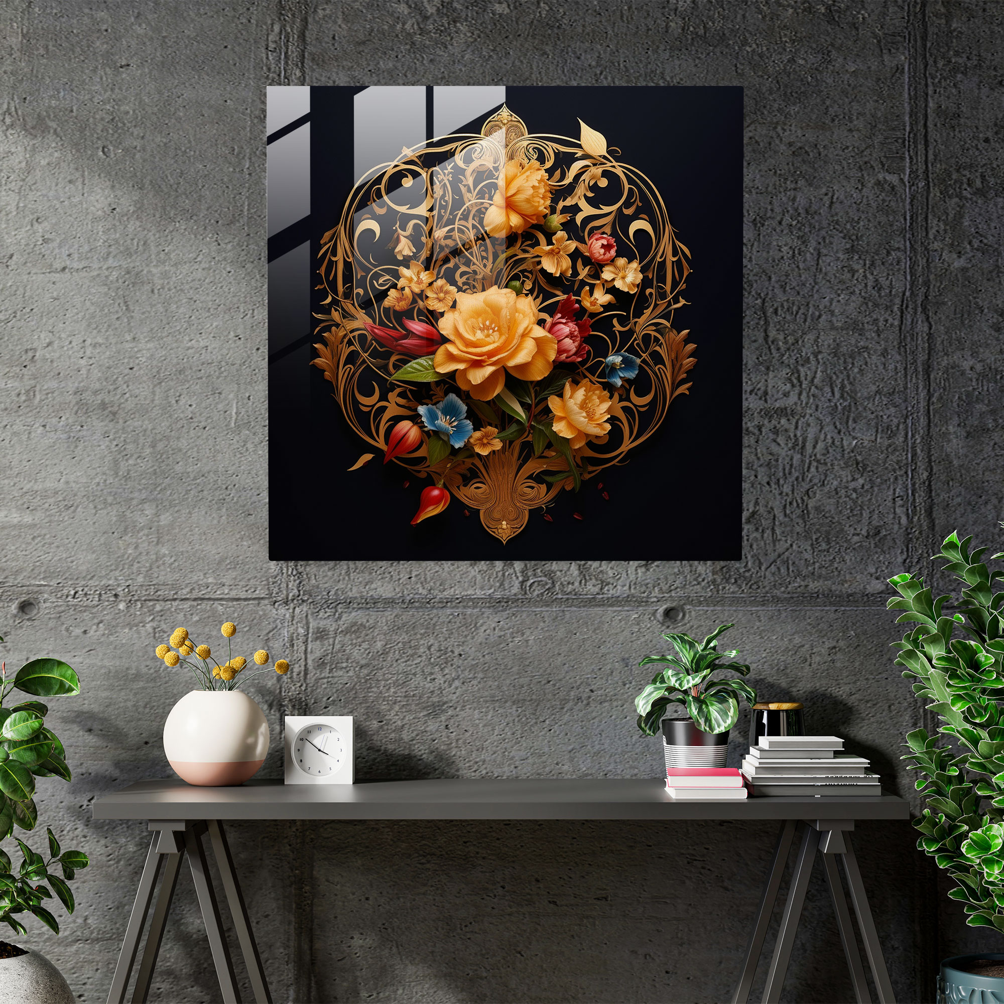 Golden Quranic Blossoms Glass Print - Holy Quran, Golden Calligraphy, Holy Quran, Home Decoration