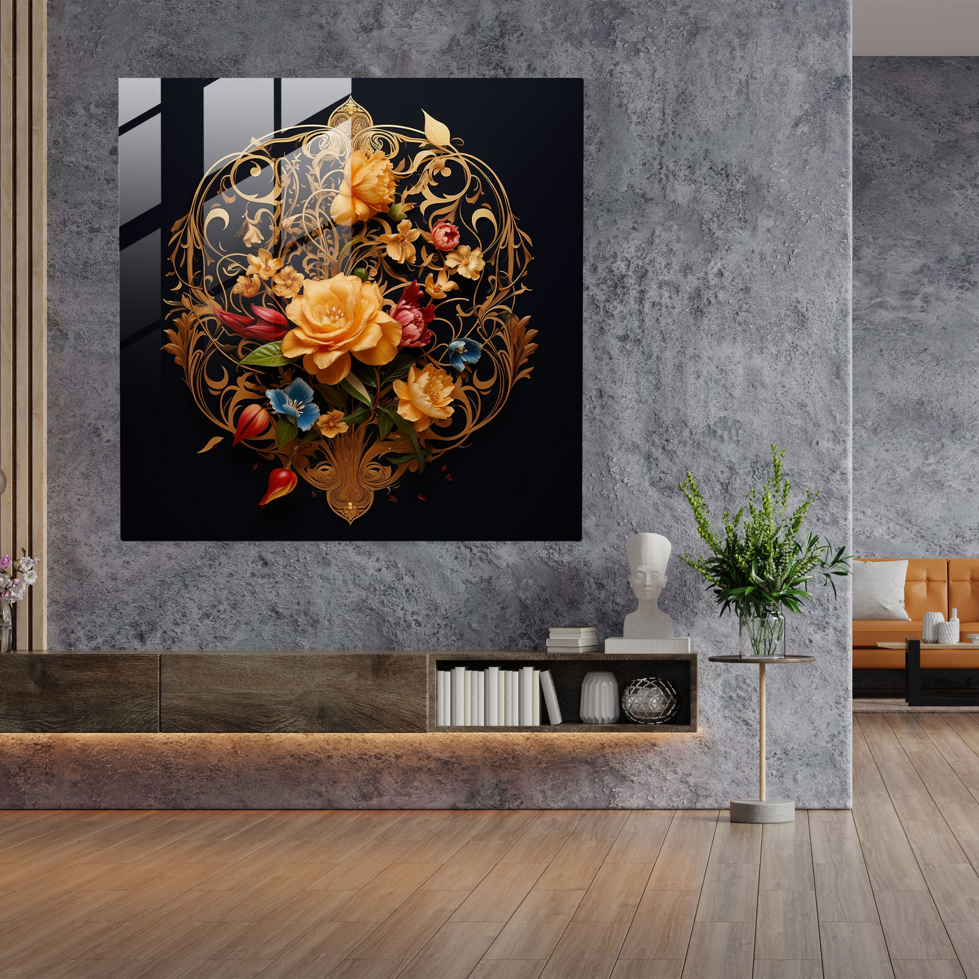 Golden Quranic Blossoms Glass Print - Holy Quran, Golden Calligraphy, Holy Quran, Home Decoration