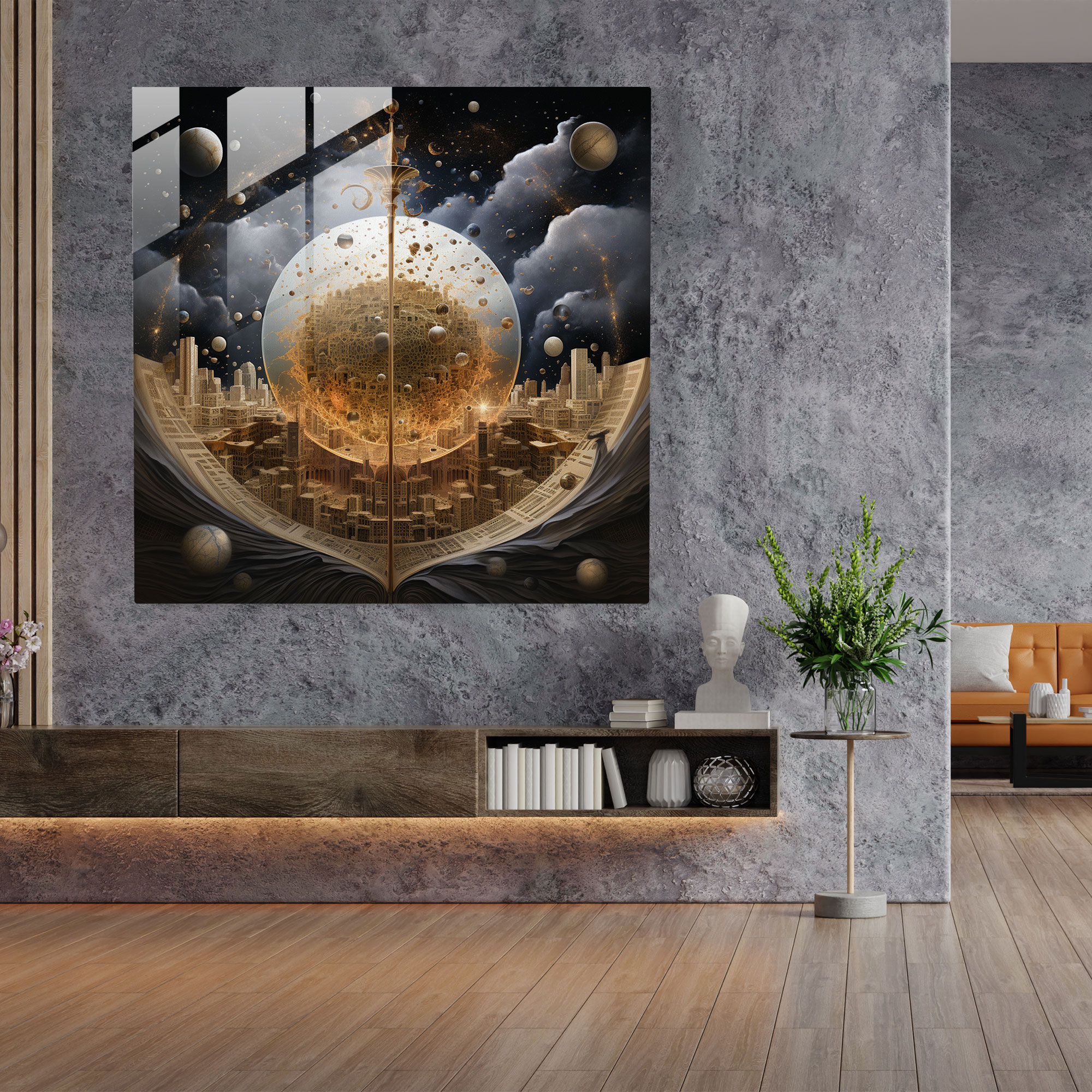 Celestial Quranic Fusion Glass Print - Holy Quran, Earthly Elements, Home Decoration, Surreal Representation