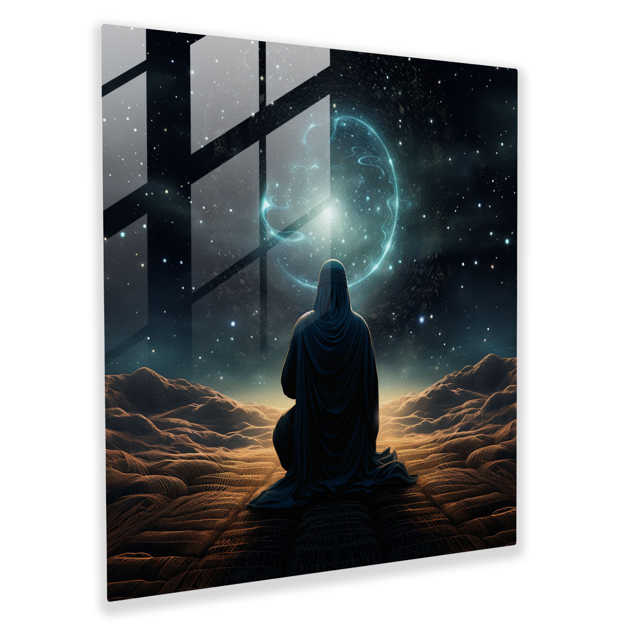 Prayer Under The Holy Quran Glass Print - Holy Quran, Glass Print, Modern Art, Night Sky