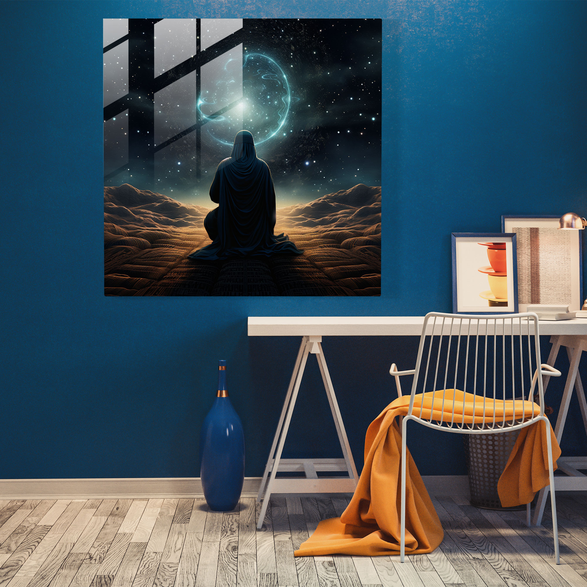 Prayer Under The Holy Quran Glass Print - Holy Quran, Glass Print, Modern Art, Night Sky