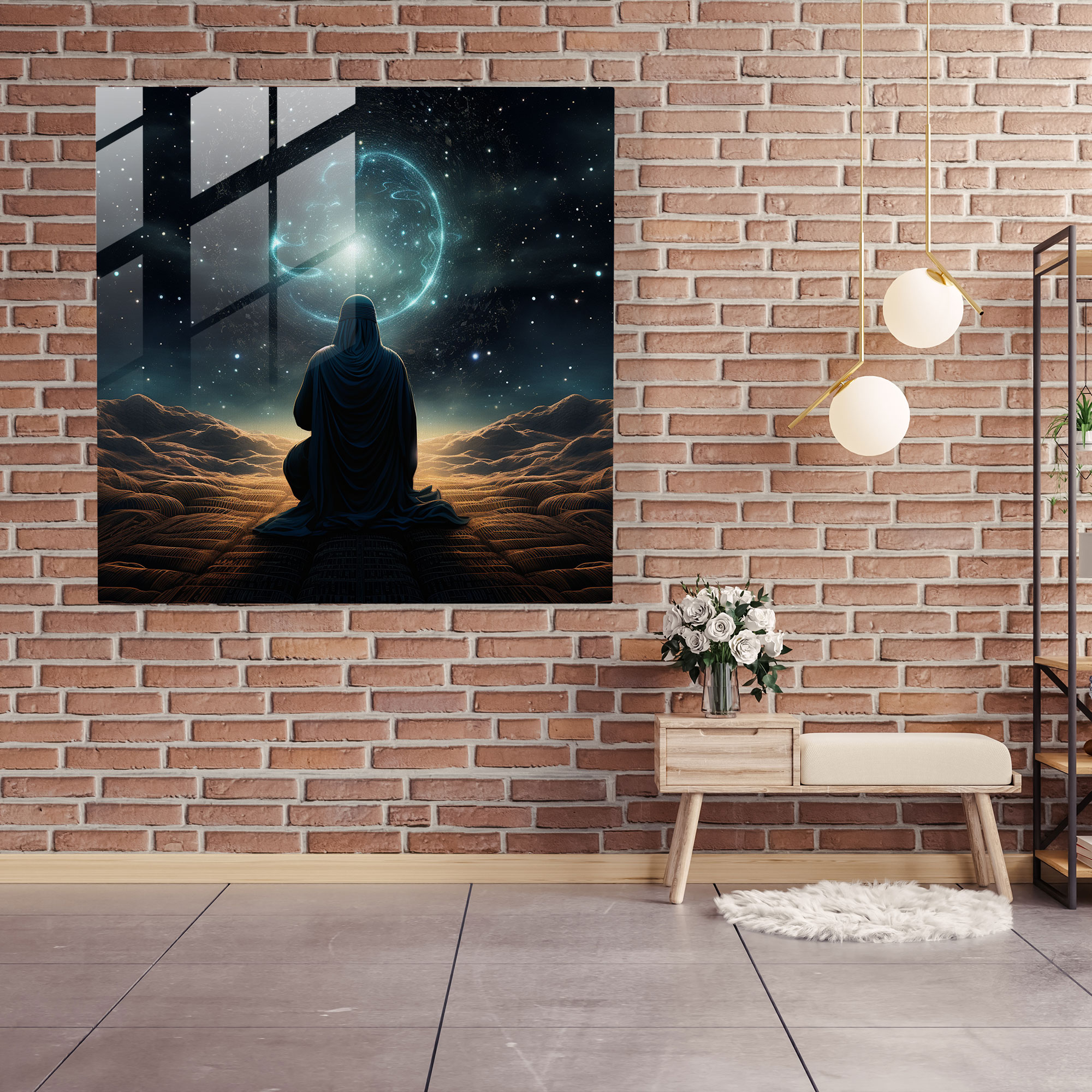 Prayer Under The Holy Quran Glass Print - Holy Quran, Glass Print, Modern Art, Night Sky