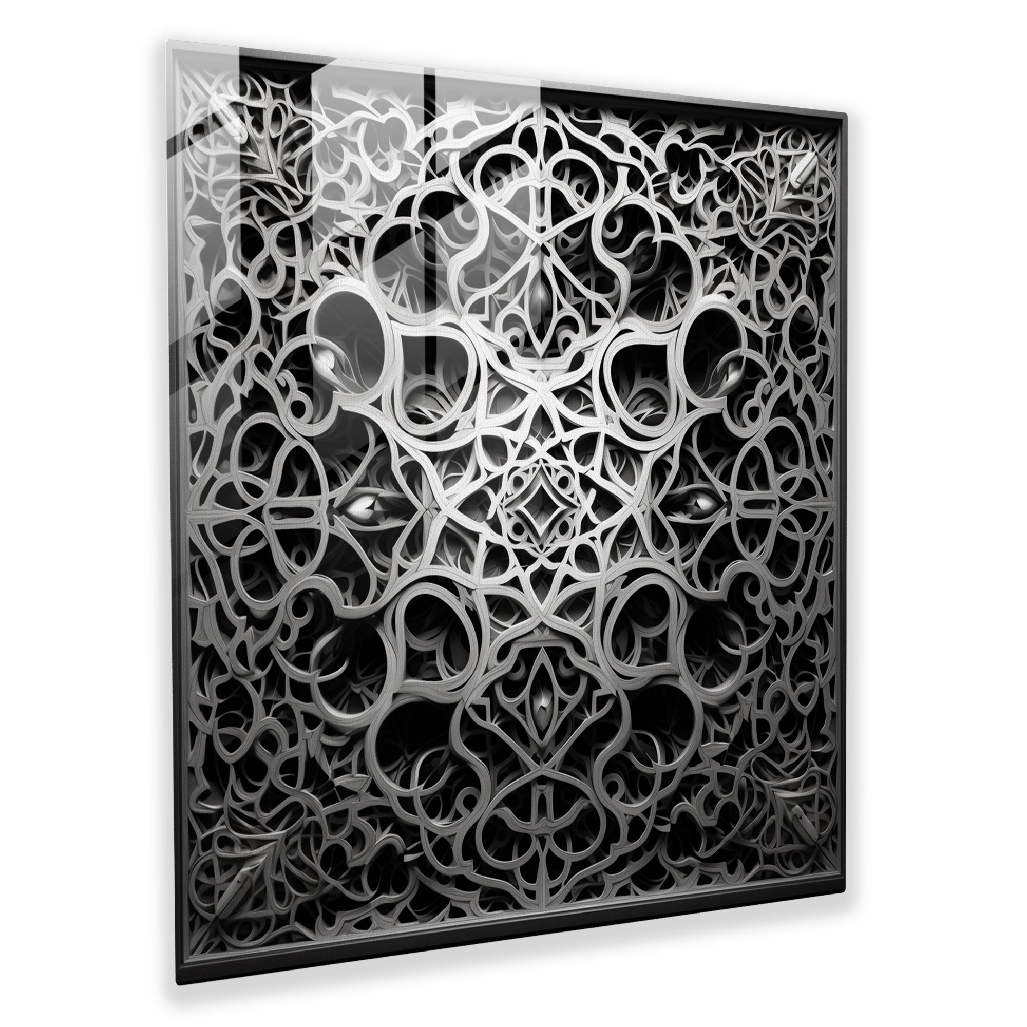 Holy Quran Glass Print - Intricate Monochrome Design - Holy Quran, Glass Print, Monochrome, Modern Art