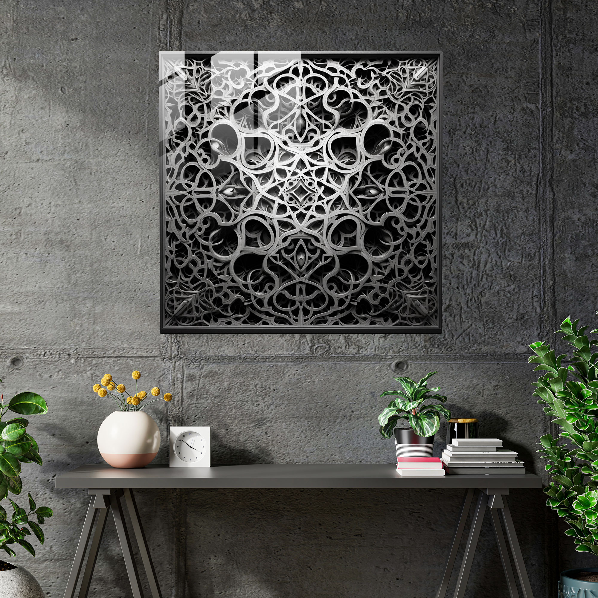 Holy Quran Glass Print - Intricate Monochrome Design - Holy Quran, Glass Print, Monochrome, Modern Art