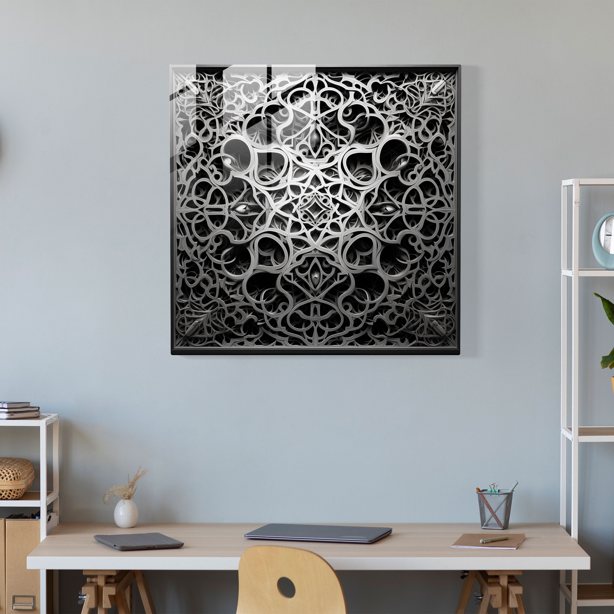 Holy Quran Glass Print - Intricate Monochrome Design - Holy Quran, Glass Print, Monochrome, Modern Art