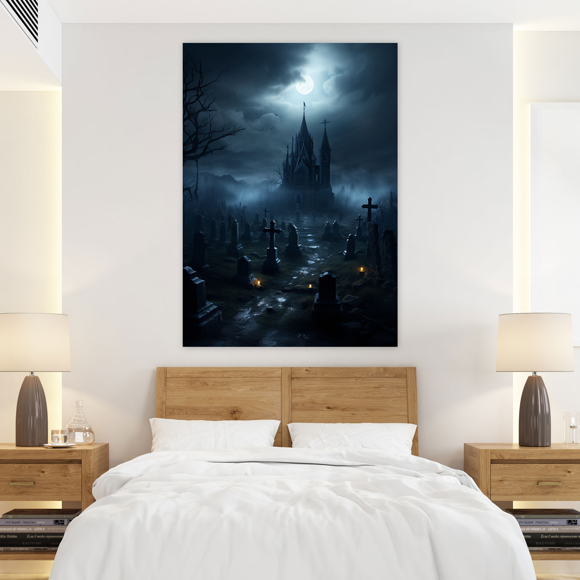Horror Moonlit Graveyard Canvas Print - Horror, Eerily Beautiful, Darkness, Canvas Wall Art