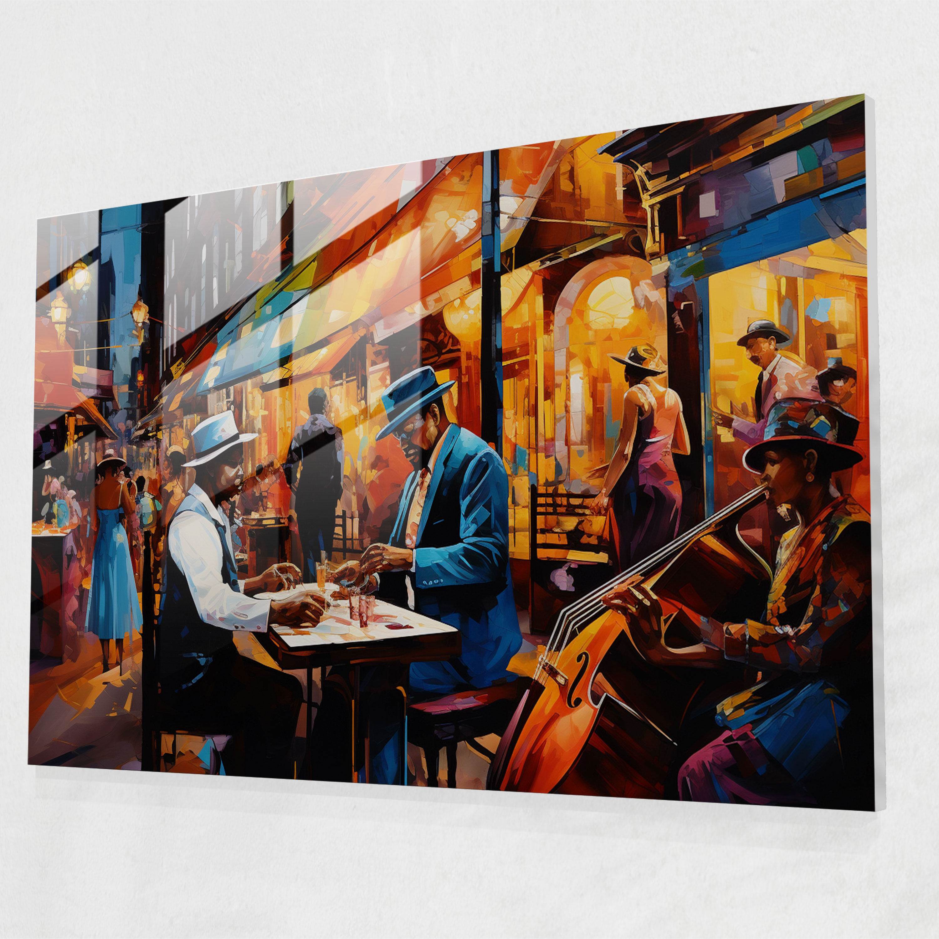Glasbild Jazz in Harlem - Lebendige Farben Glas-Kunst Moderne Kunst