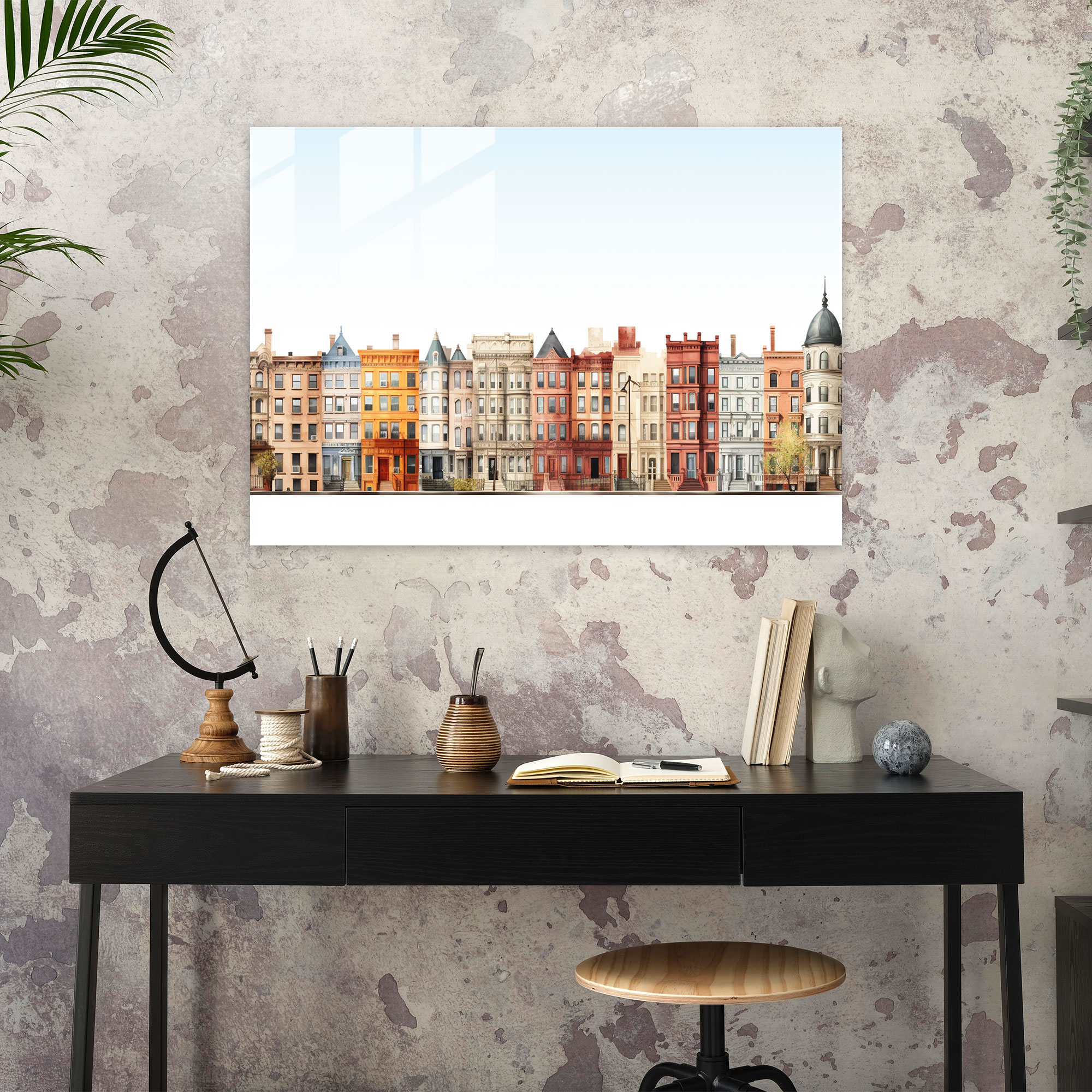Harlem Cam Tablo Sanatı - Minimalist Şehir Manzaralı Cam Tablo - Harlem Duvar Dekorasyonu Kahverengi Taş Binalar Mimari Çekicilik
