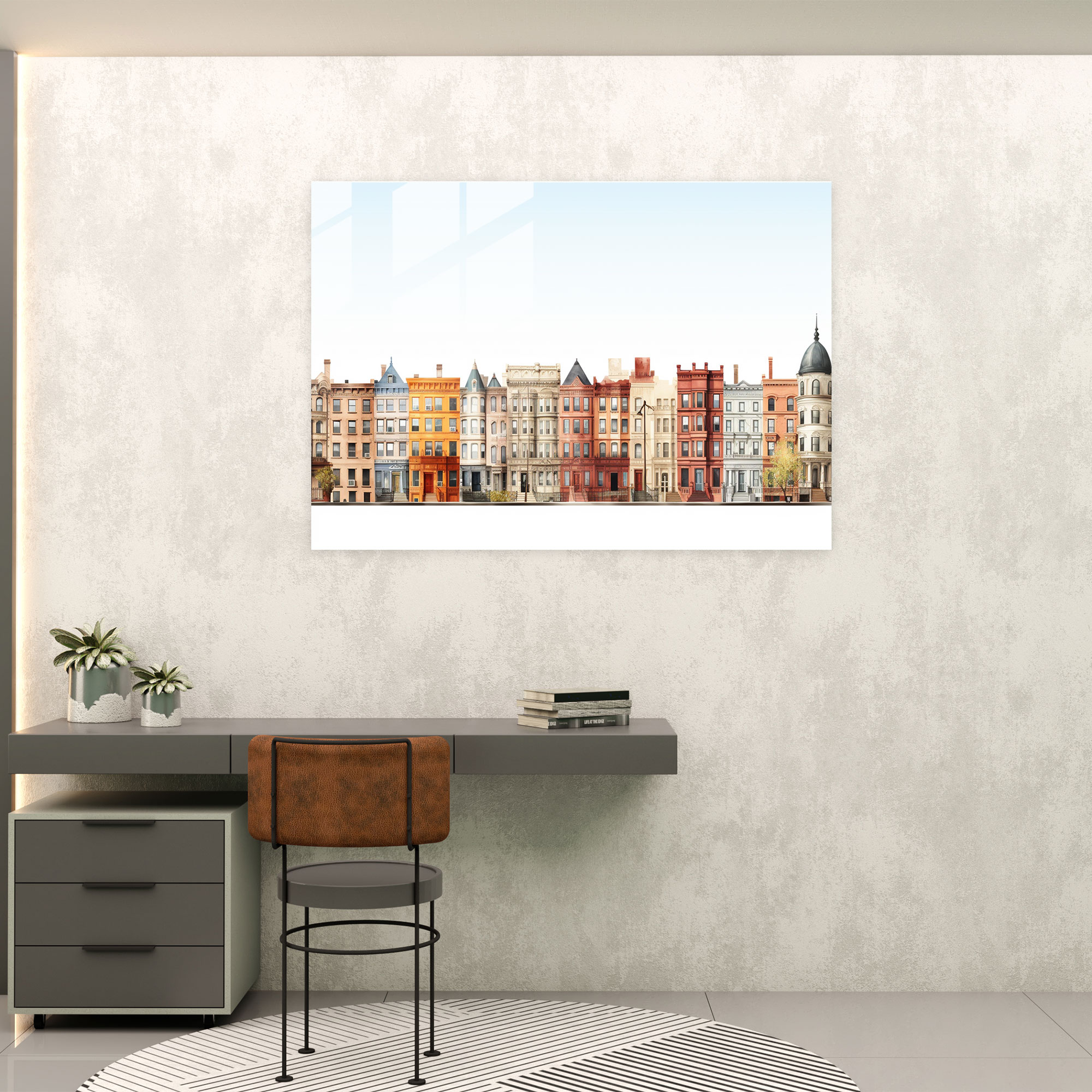 Harlem Cam Tablo Sanatı - Minimalist Şehir Manzaralı Cam Tablo - Harlem Duvar Dekorasyonu Kahverengi Taş Binalar Mimari Çekicilik