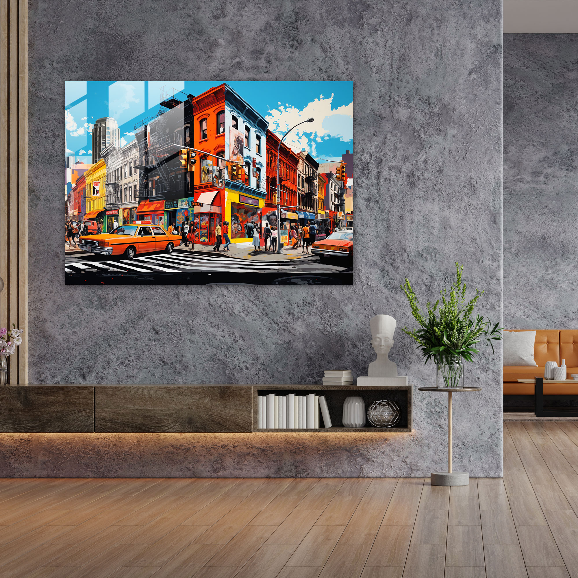 Harlem Cam Tablo Sanatı - Pop Sanat Patlaması Cam Tablosu - Harlem Duvar Dekorasyonu Ev Dekorasyonu Sokak Manzaraları