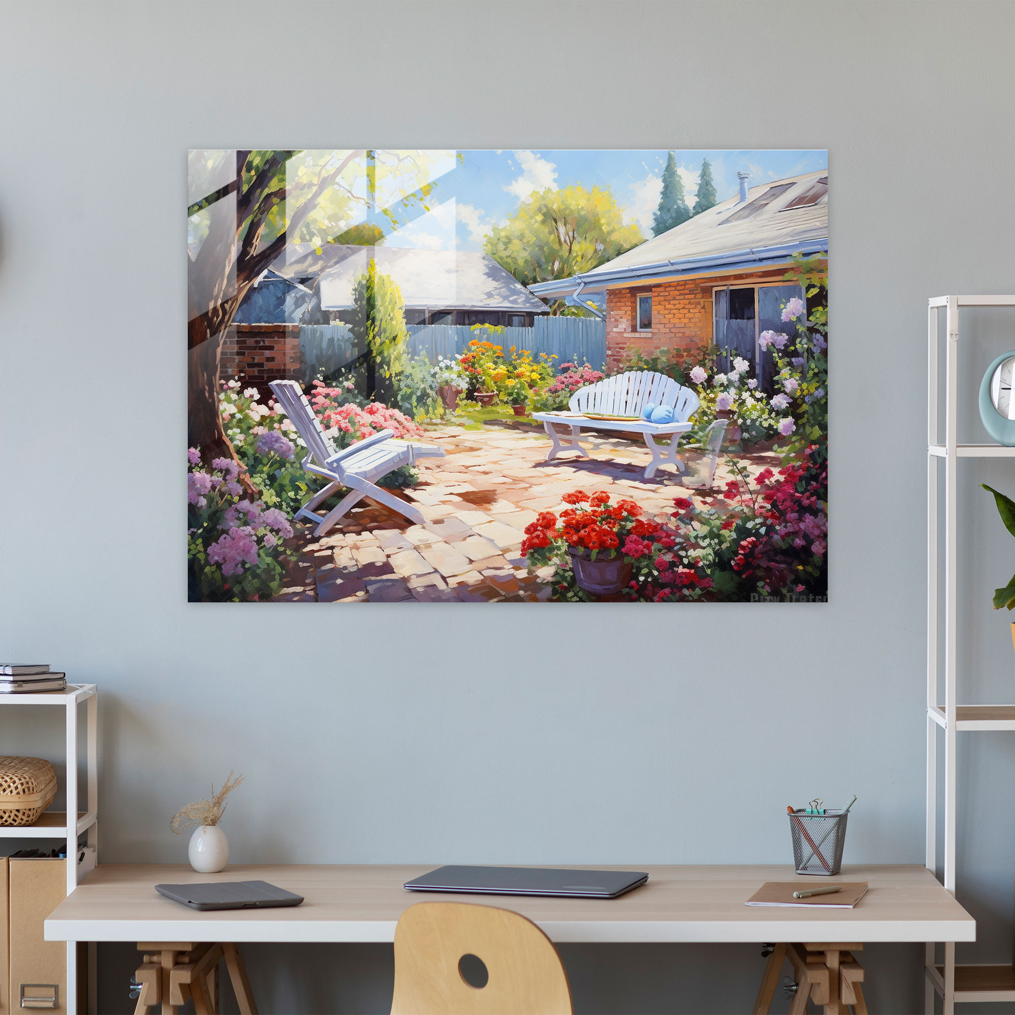 Serene Suburban Glass Print - Harlem, Cozy Suburban Backyard, Glass Print, Glass Wall Art