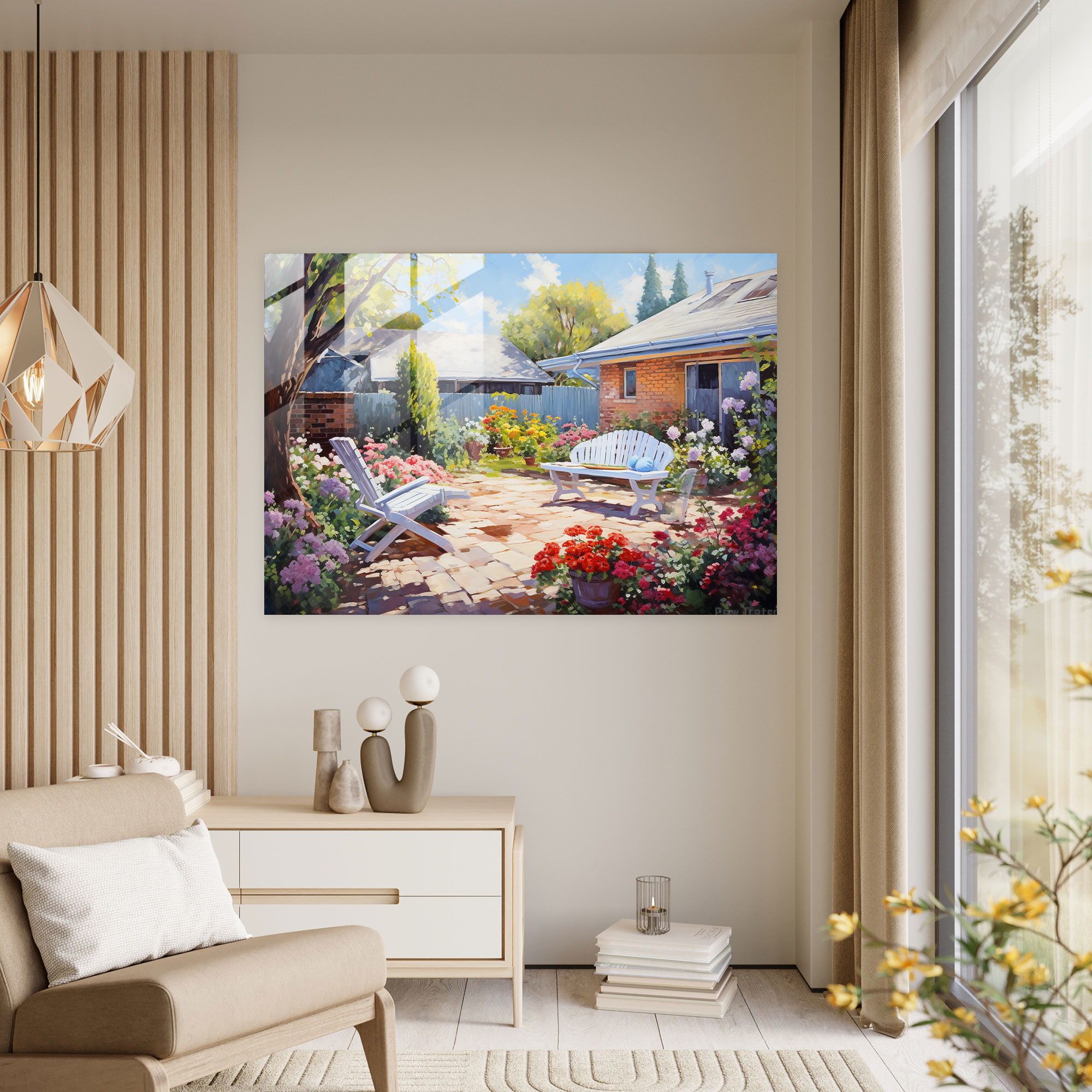 Serene Suburban Glass Print - Harlem, Cozy Suburban Backyard, Glass Print, Glass Wall Art