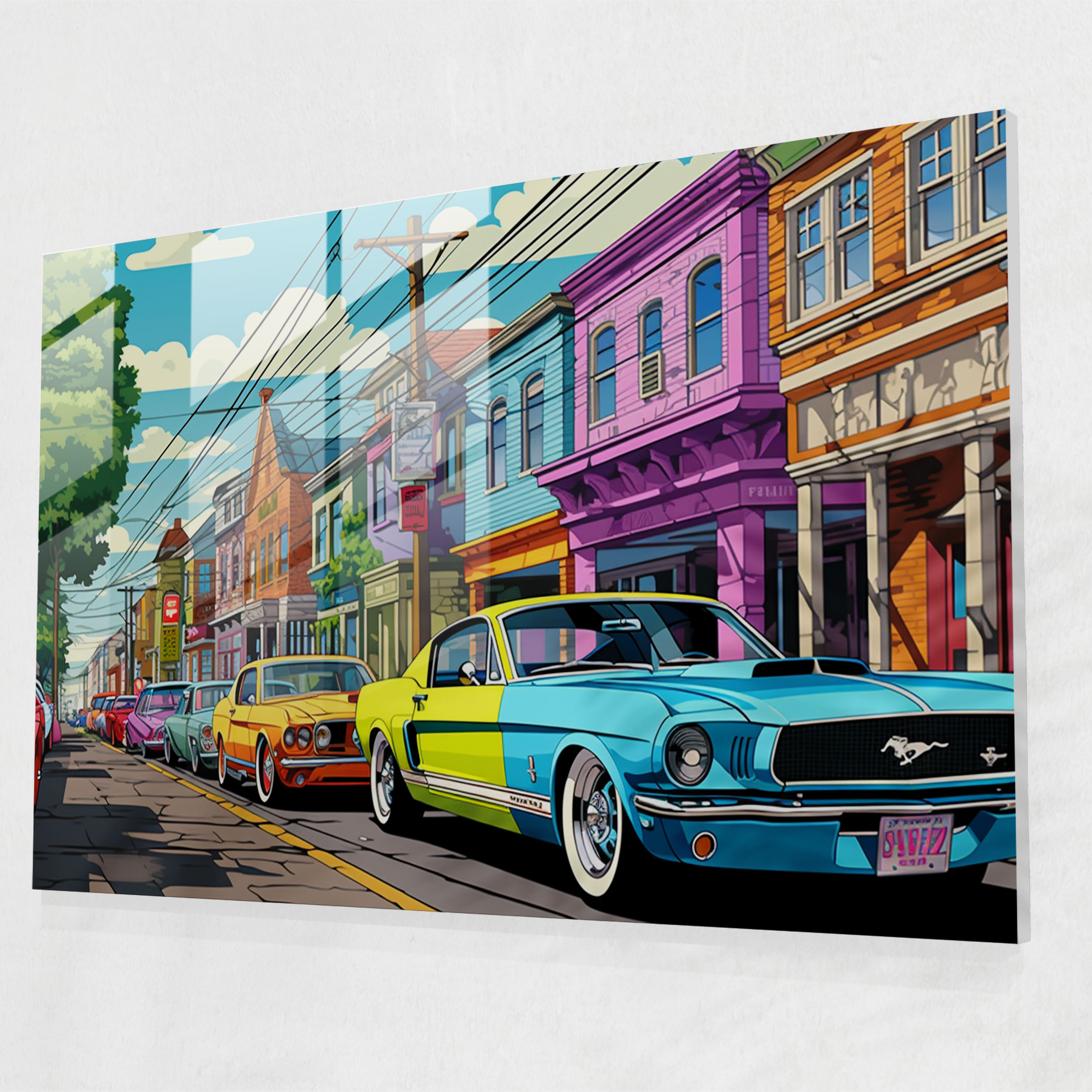 Pop Suburbia Glass Print - Harlem, Suburban, Classic Cars, Modern Art