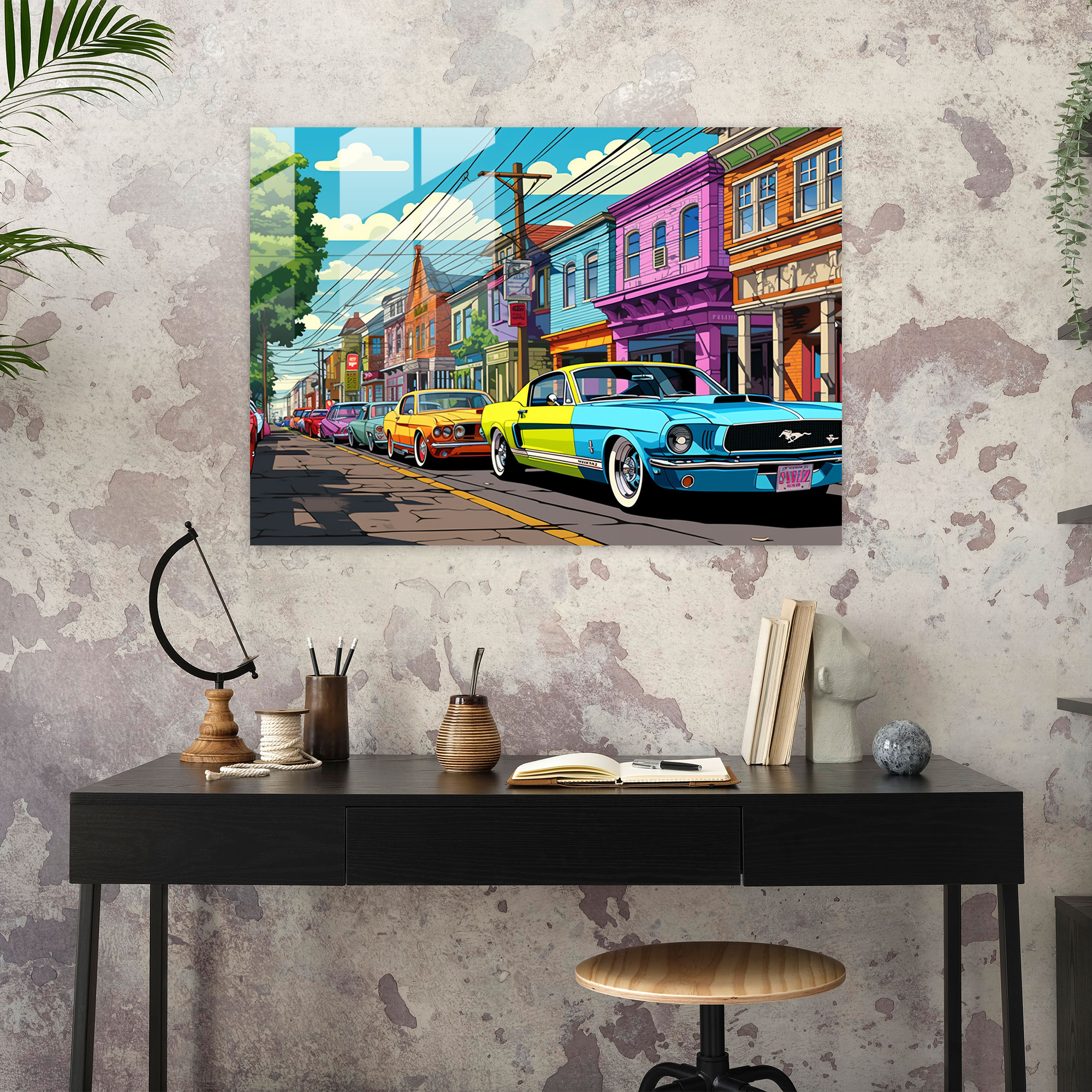 Pop Suburbia Glass Print - Harlem, Suburban, Classic Cars, Modern Art