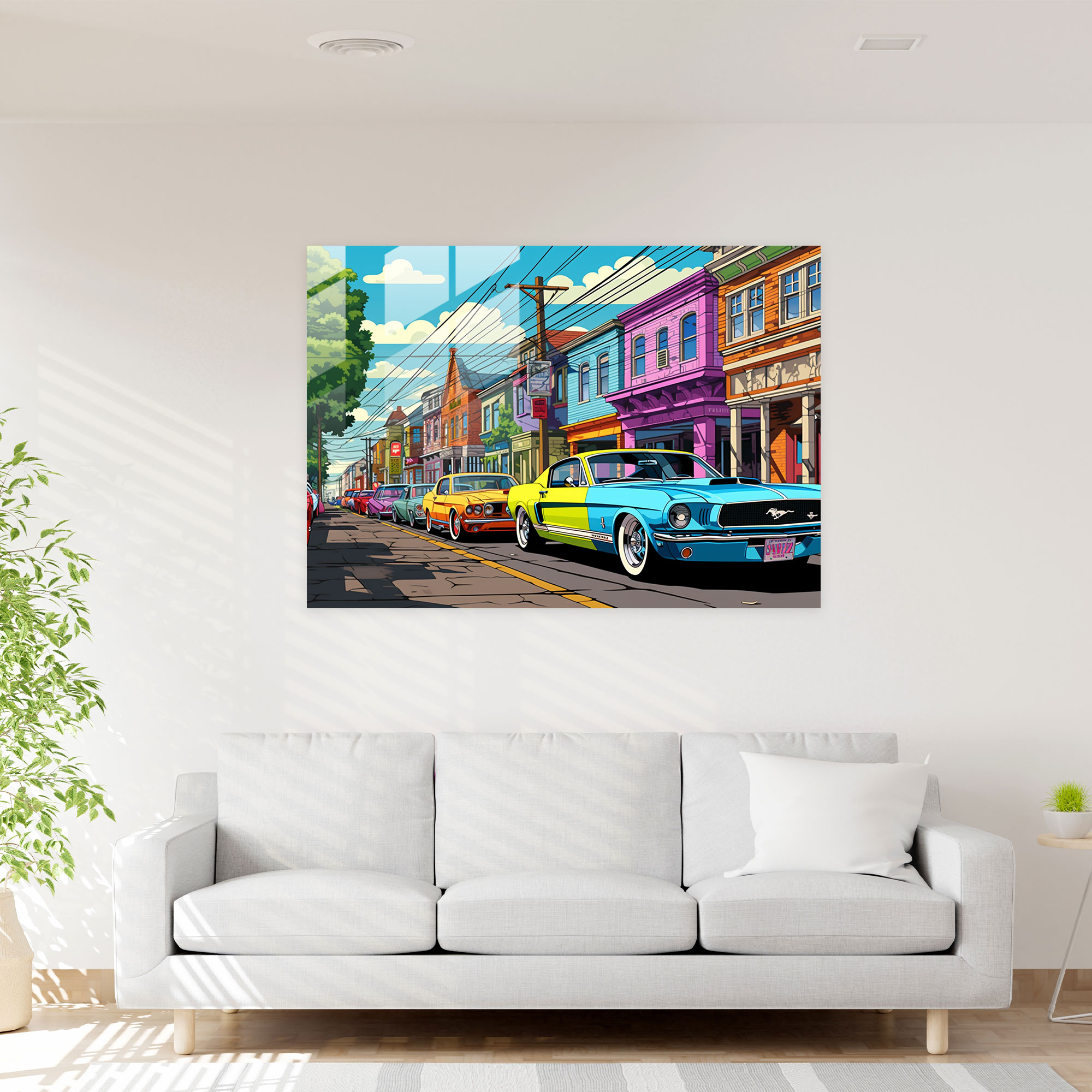 Pop Suburbia Glass Print - Harlem, Suburban, Classic Cars, Modern Art