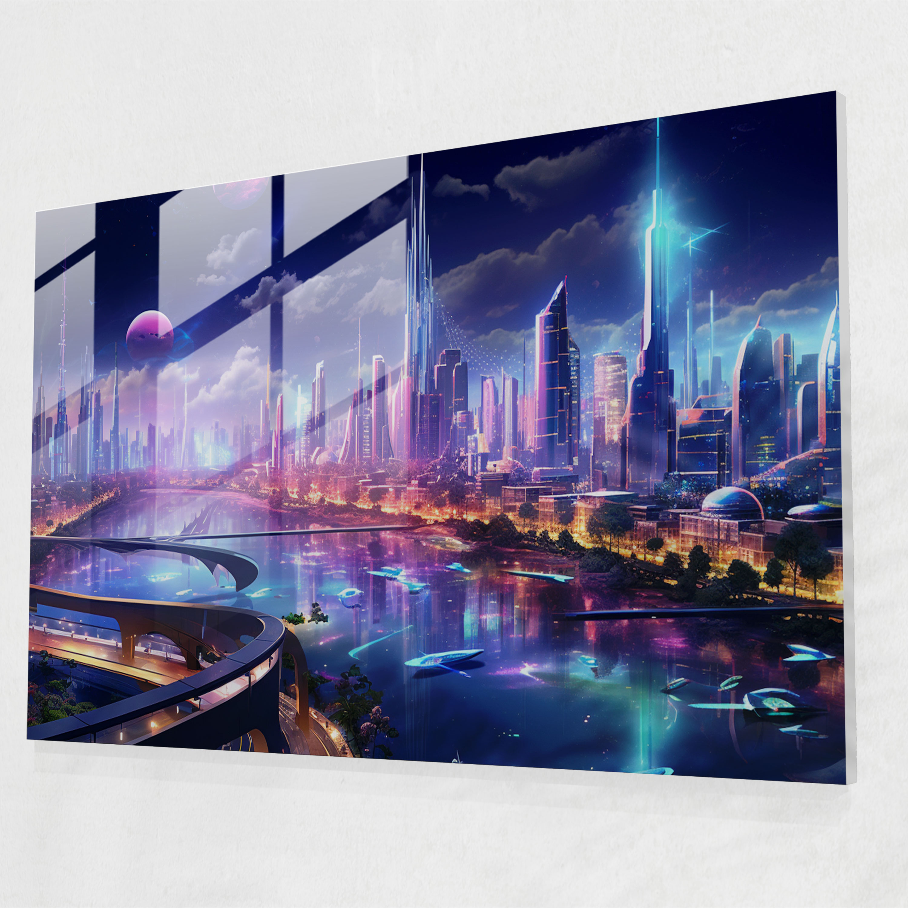 Suburban Futurism Glass Print - Harlem, Technologically Advanced Suburban Metropolis, Futuristic Cityscape, Glass Wall Art