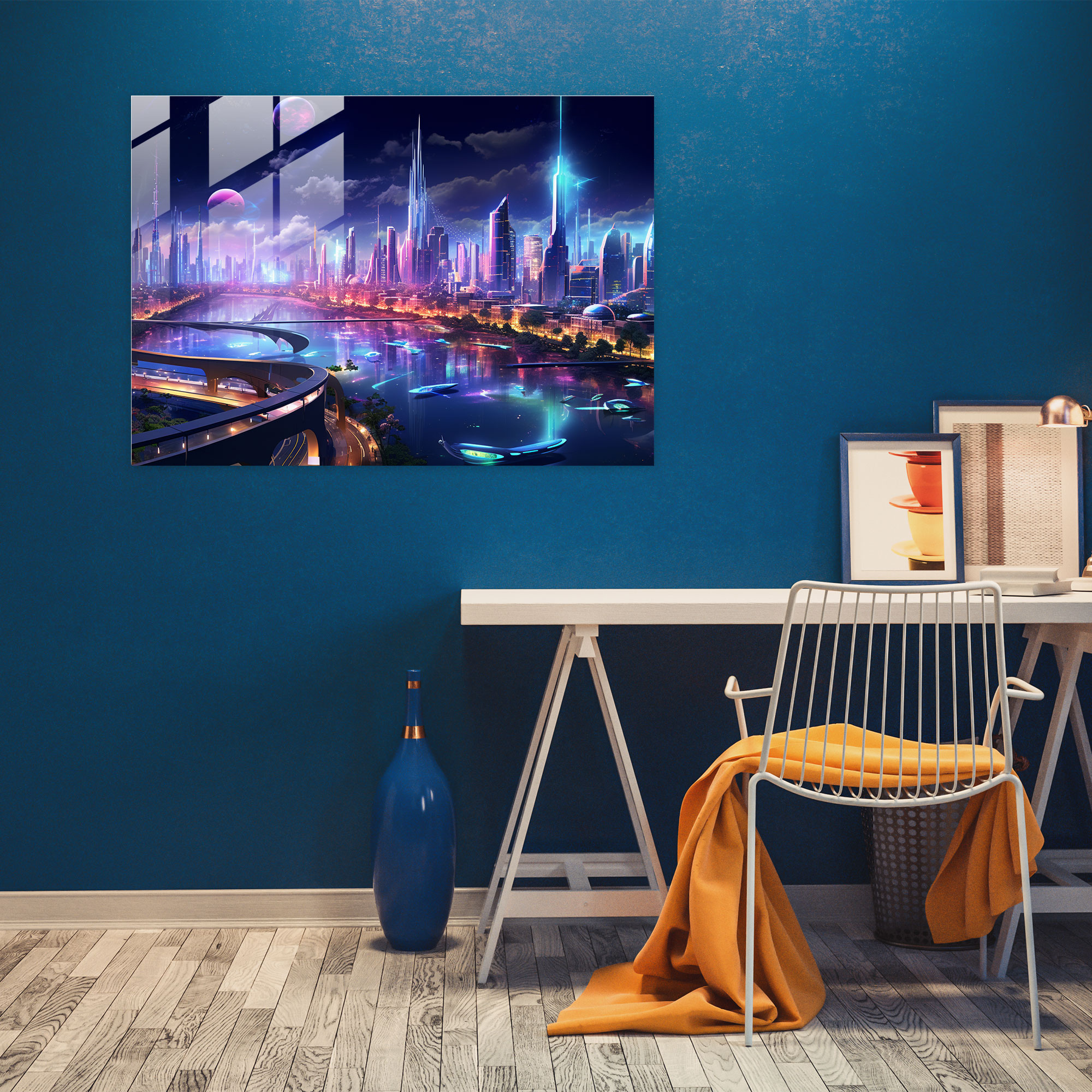 Suburban Futurism Glass Print - Harlem, Technologically Advanced Suburban Metropolis, Futuristic Cityscape, Glass Wall Art