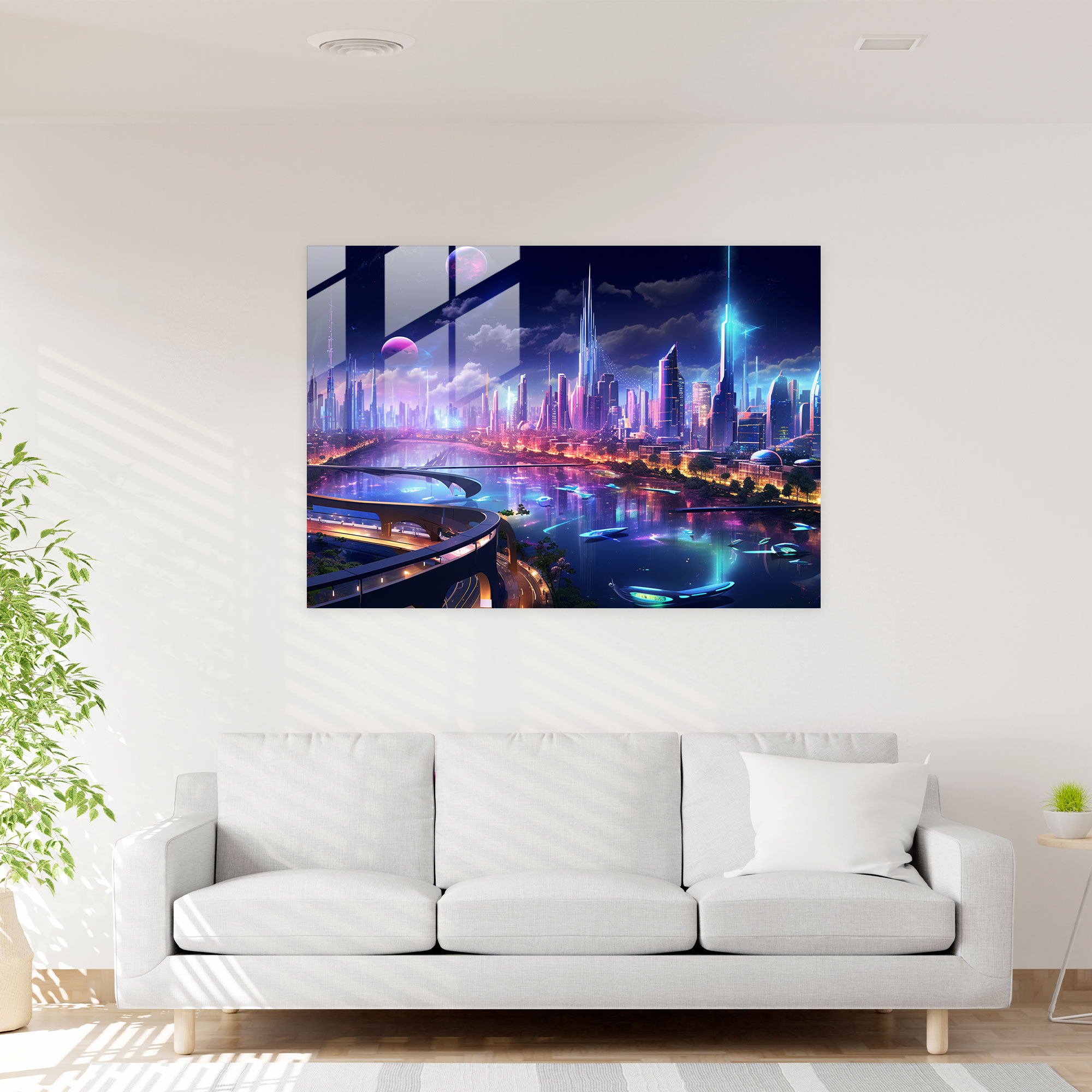 Suburban Futurism Glass Print - Harlem, Technologically Advanced Suburban Metropolis, Futuristic Cityscape, Glass Wall Art