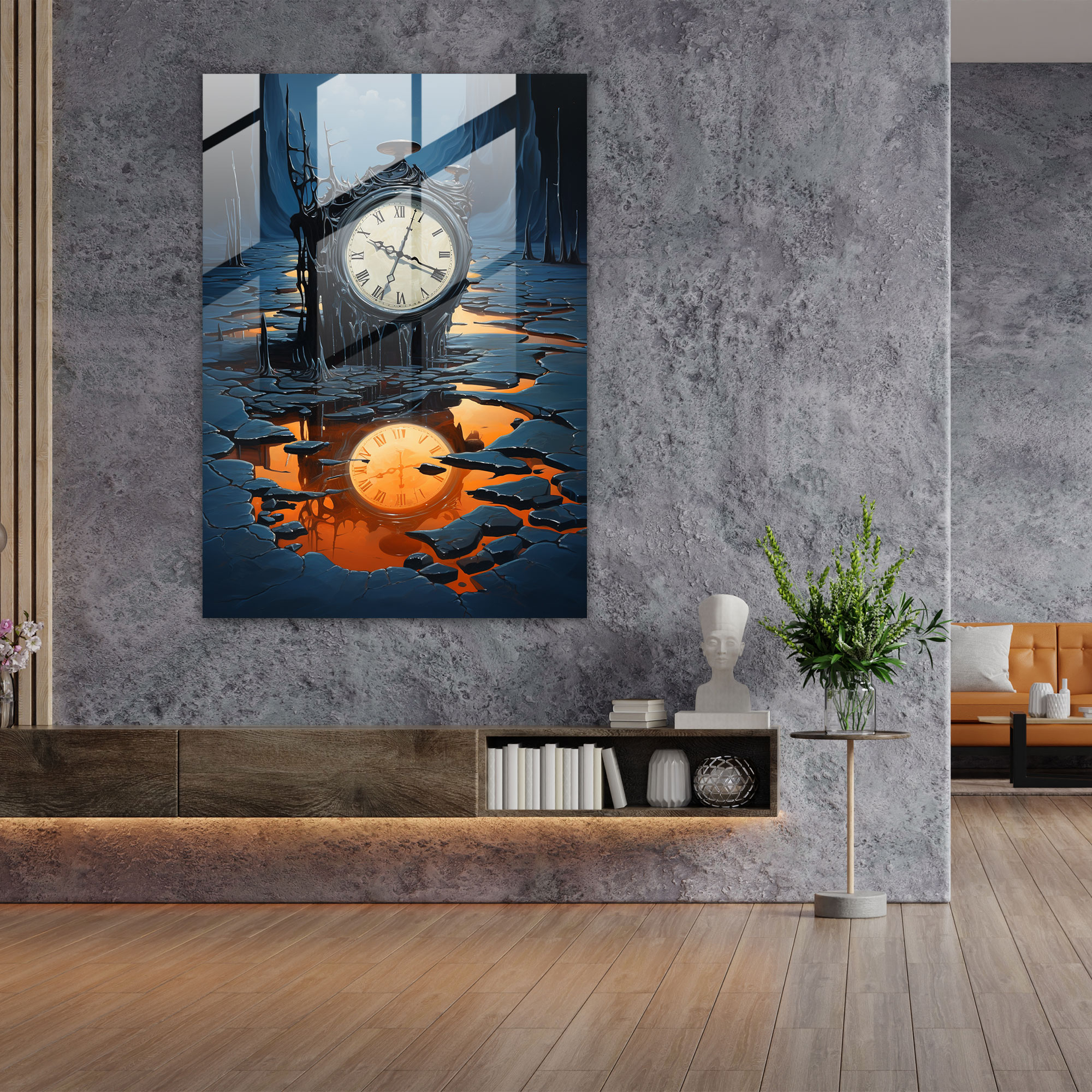 Horror Glass Print: Melting Clock - Horror, Home Decoration, Glass Wall Art, Surreal Painting
