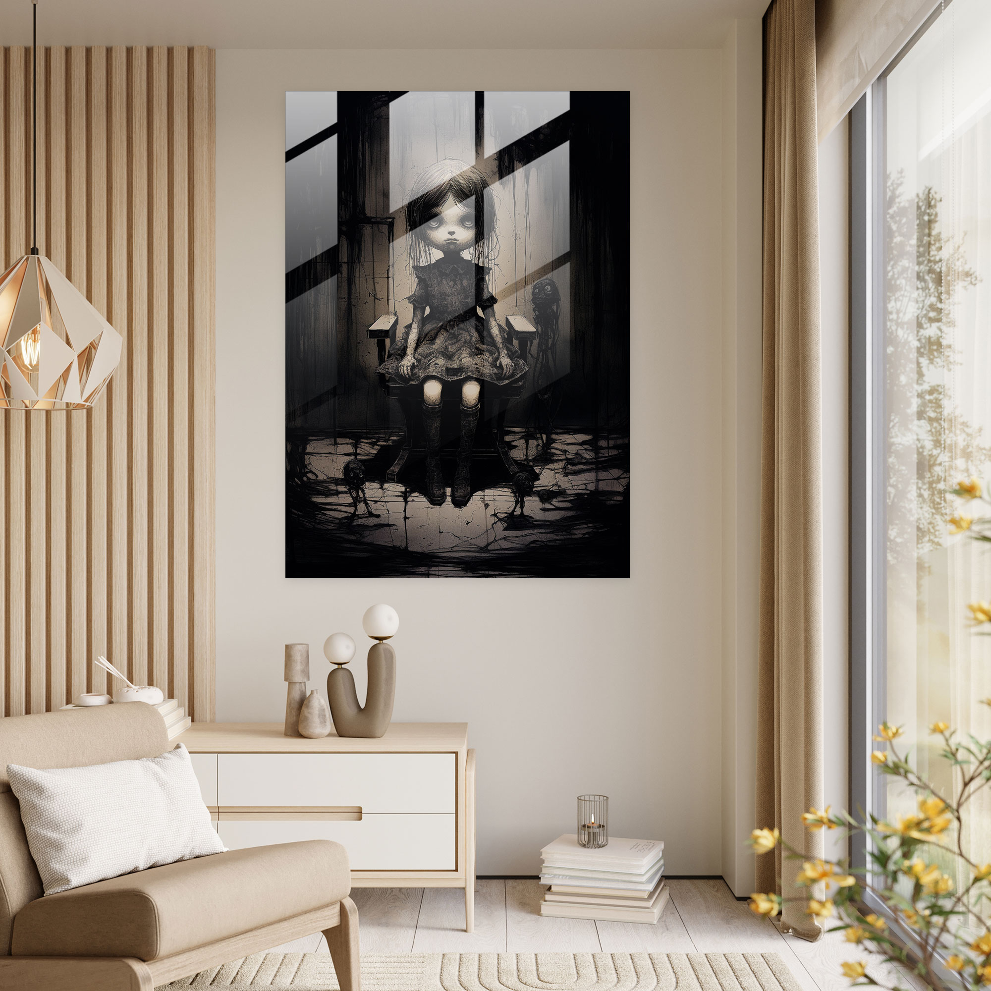 Horror Glass Print: Creepy Doll - Horror, Horror, Pen And Ink Drawing, Glass Print