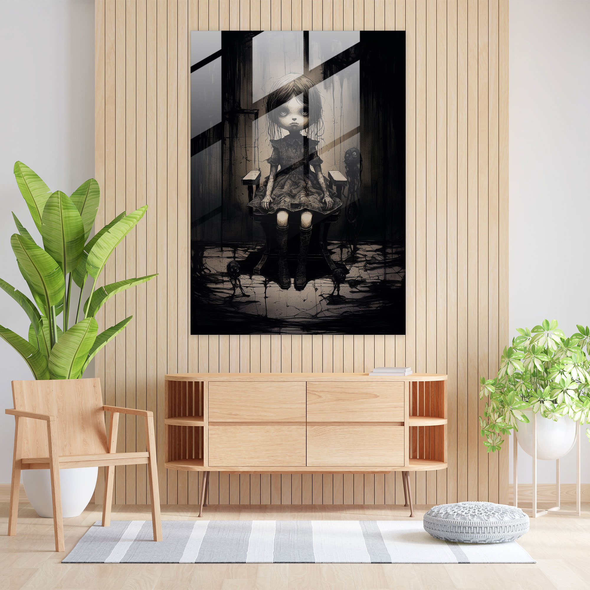 Horror Glass Print: Creepy Doll - Horror, Horror, Pen And Ink Drawing, Glass Print