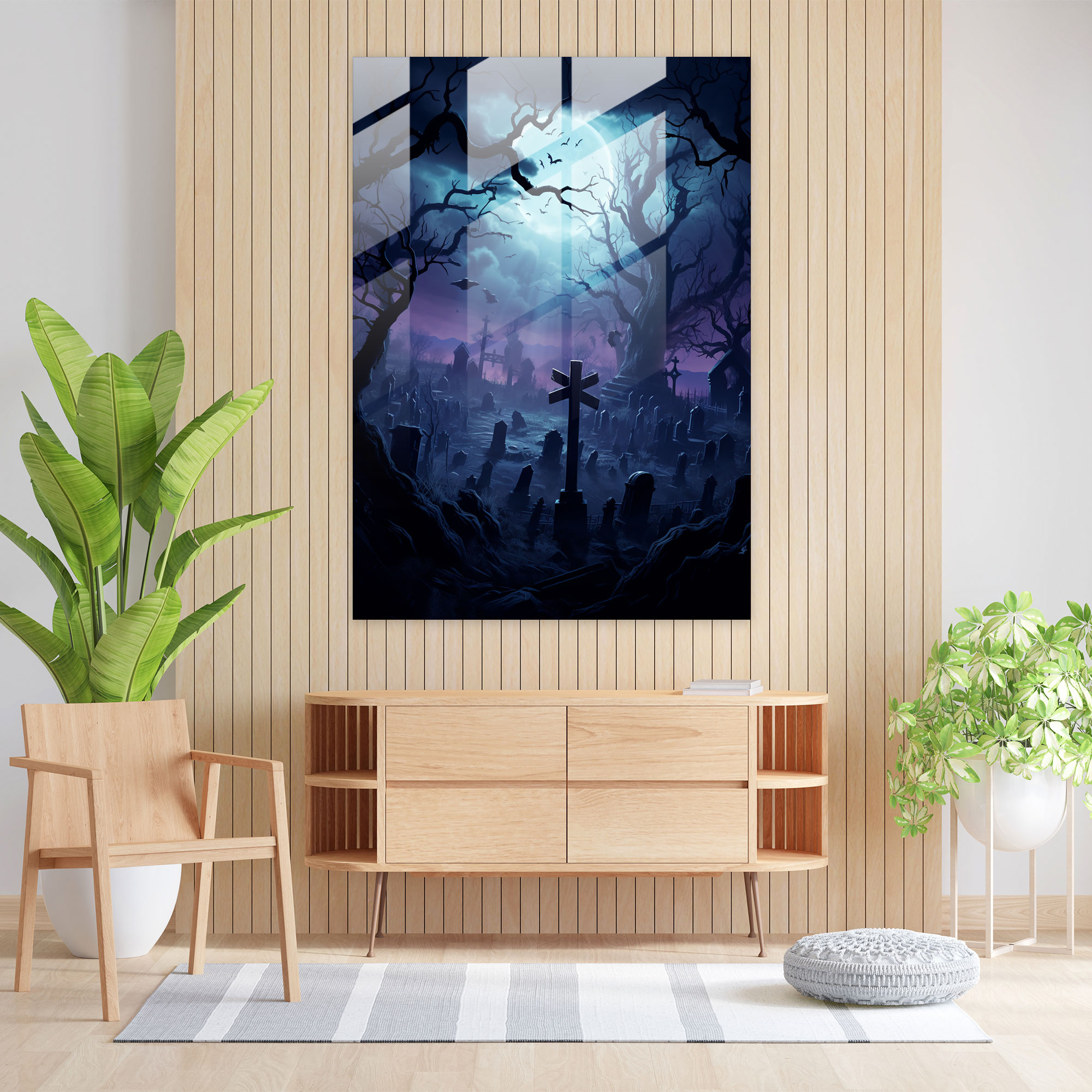 Horror Glass Print: Ghostly Graveyard - Horror, Full Moon, Digital Illustration, Glass Print