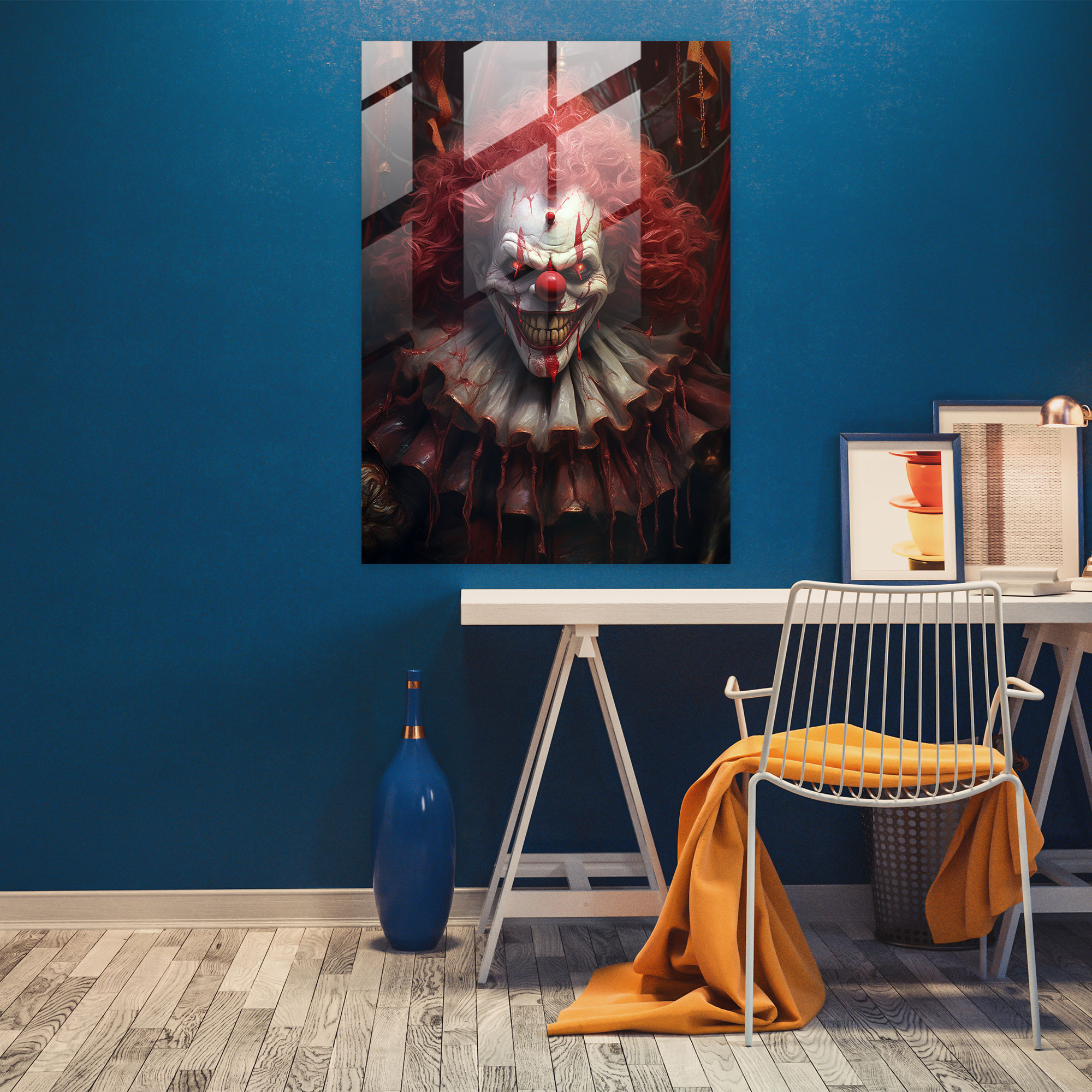 Horror Glass Print - Creepy Clown In Circus Tent - Horror, Twisted Smile, Home Decoration, Creepy Clown