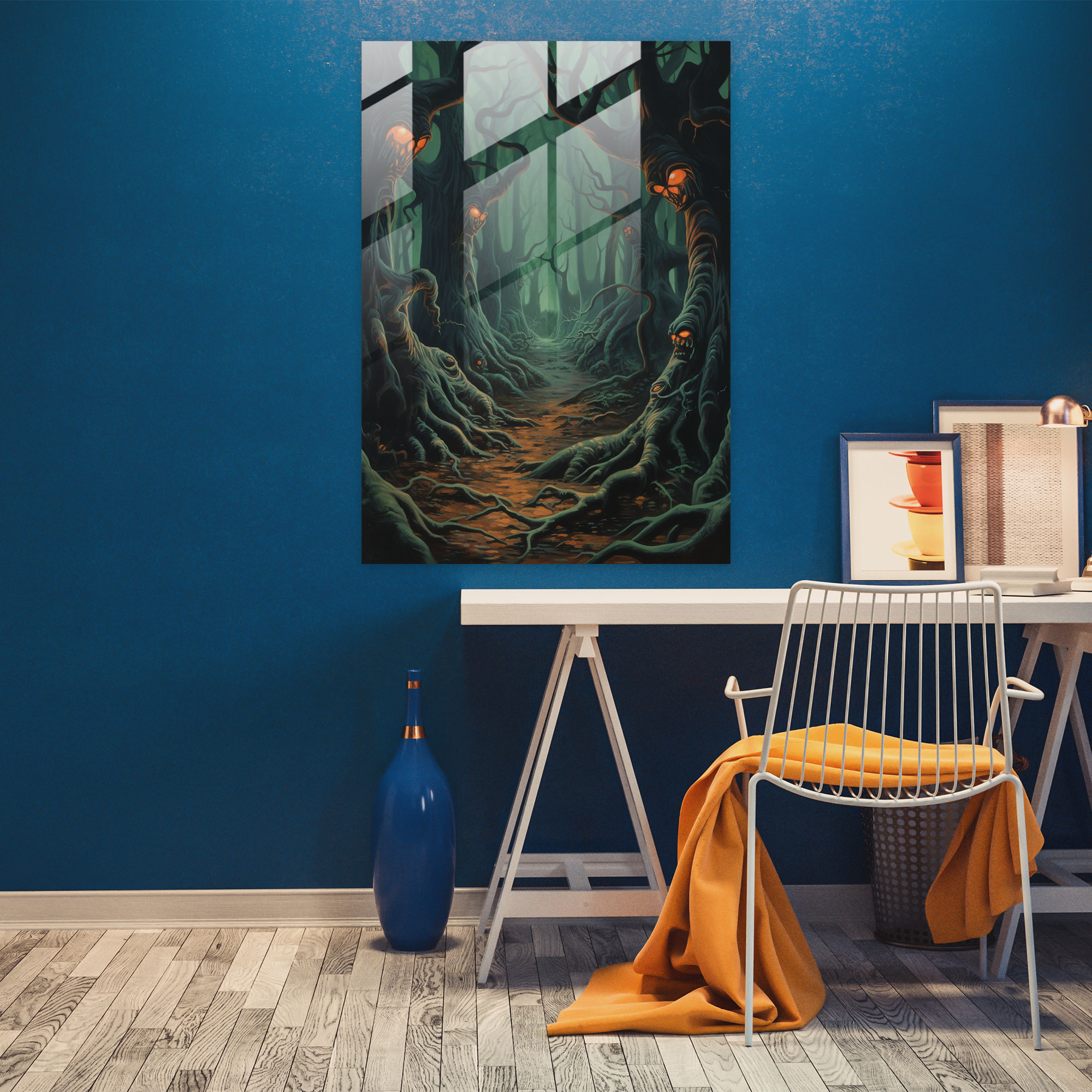 Horror Glass Print - Haunted Forest With Glowing Eyes - Horror, Haunted Forest, Glass Print, Modern Art