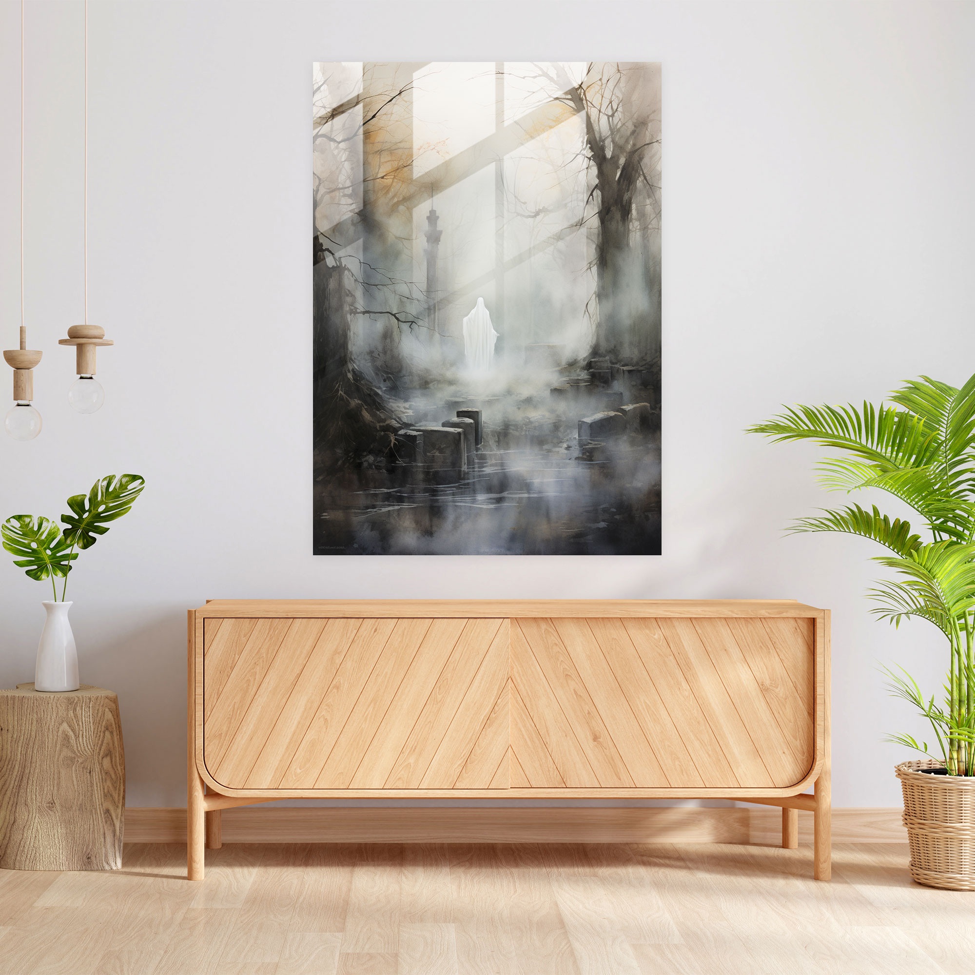 Horror Glass Print - Ghostly Figure In Misty Graveyard - Horror, Ethereal, Wall Decoration, Glass Wall Art