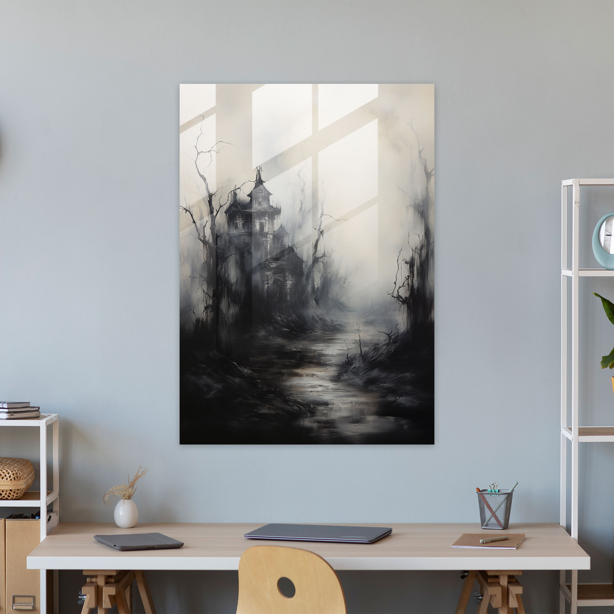 Horror Glass Print - Dark And Moody Abstract Haunted House - Horror, Glass Art, Glass Wall Art, Creepy Trees