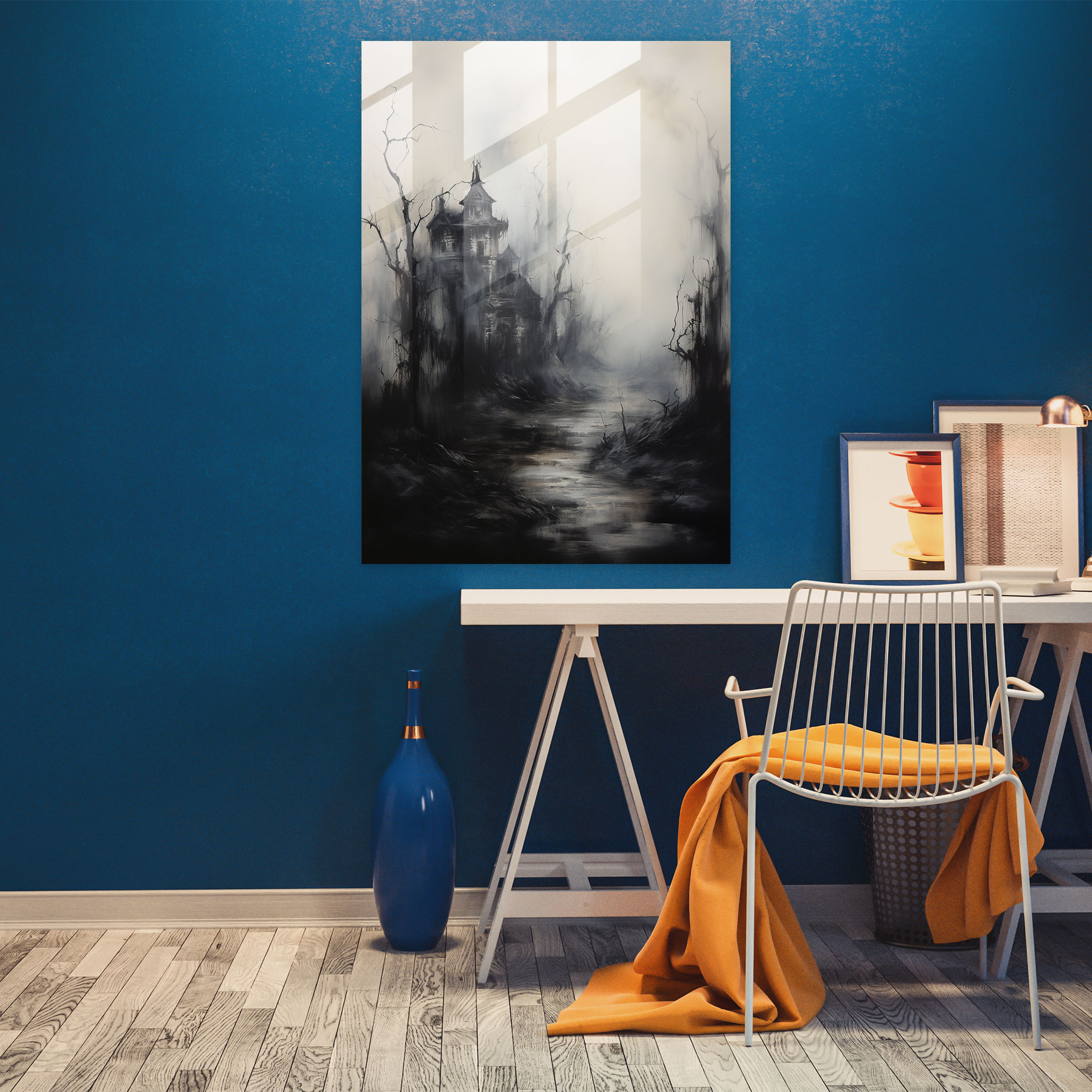 Horror Glass Print - Dark And Moody Abstract Haunted House - Horror, Glass Art, Glass Wall Art, Creepy Trees