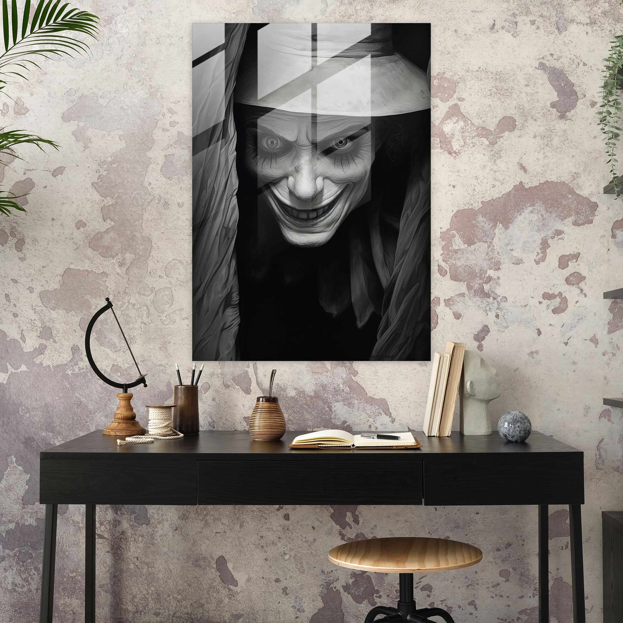 Horror Glass Print - Sinister Clown In Shadows - Horror, Modern Art, Horror, Sinister Clown
