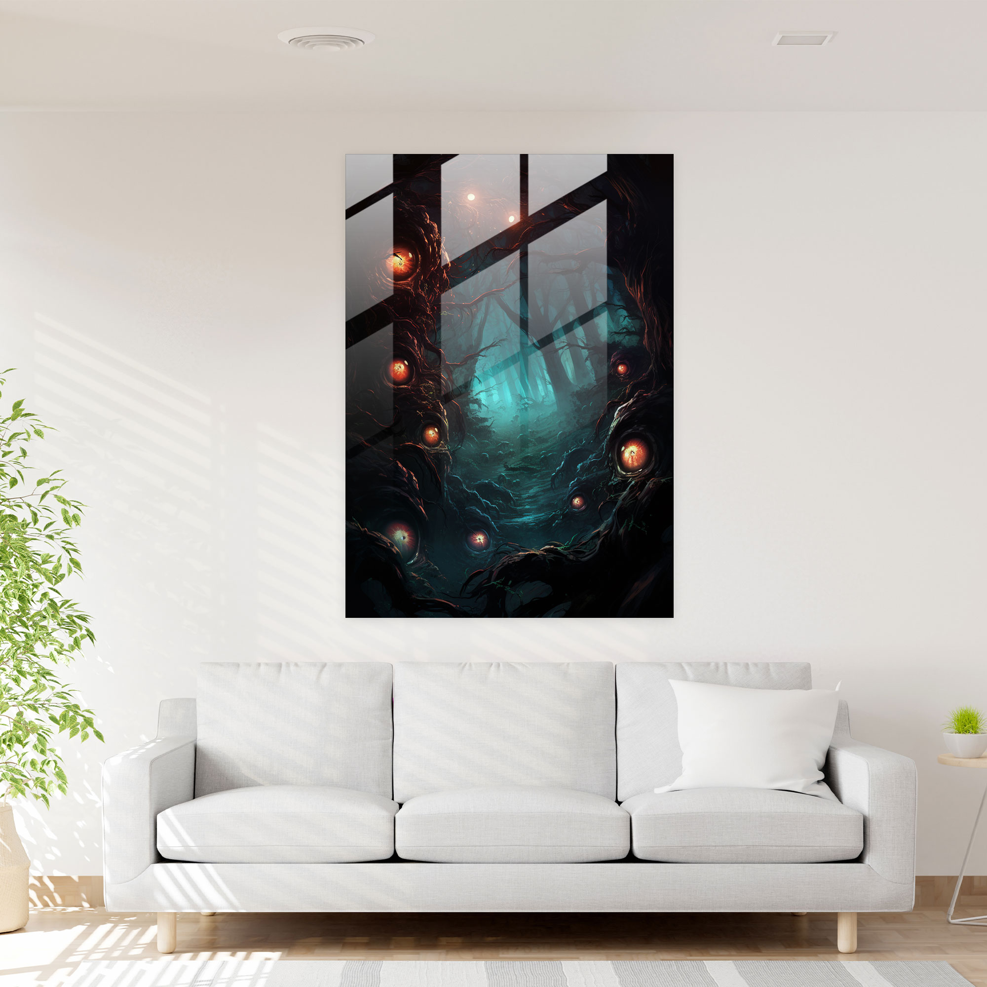 Horror Glass Print - Creepy Forest With Glowing Eyes - Horror, Modern Art, Wall Decoration, Digital Illustration
