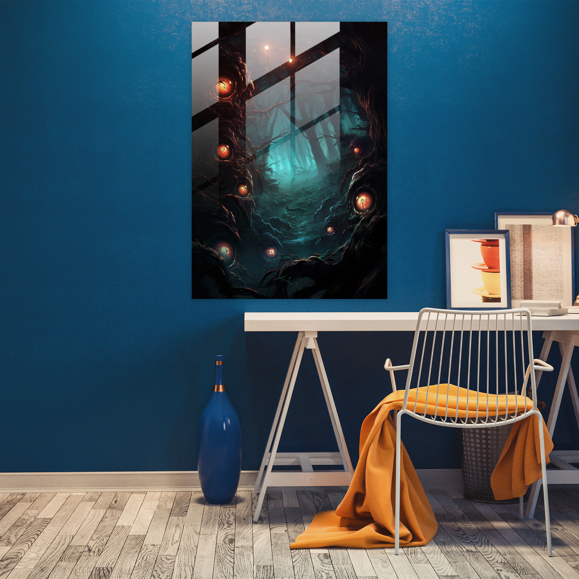 Horror Glass Print - Creepy Forest With Glowing Eyes - Horror, Modern Art, Wall Decoration, Digital Illustration
