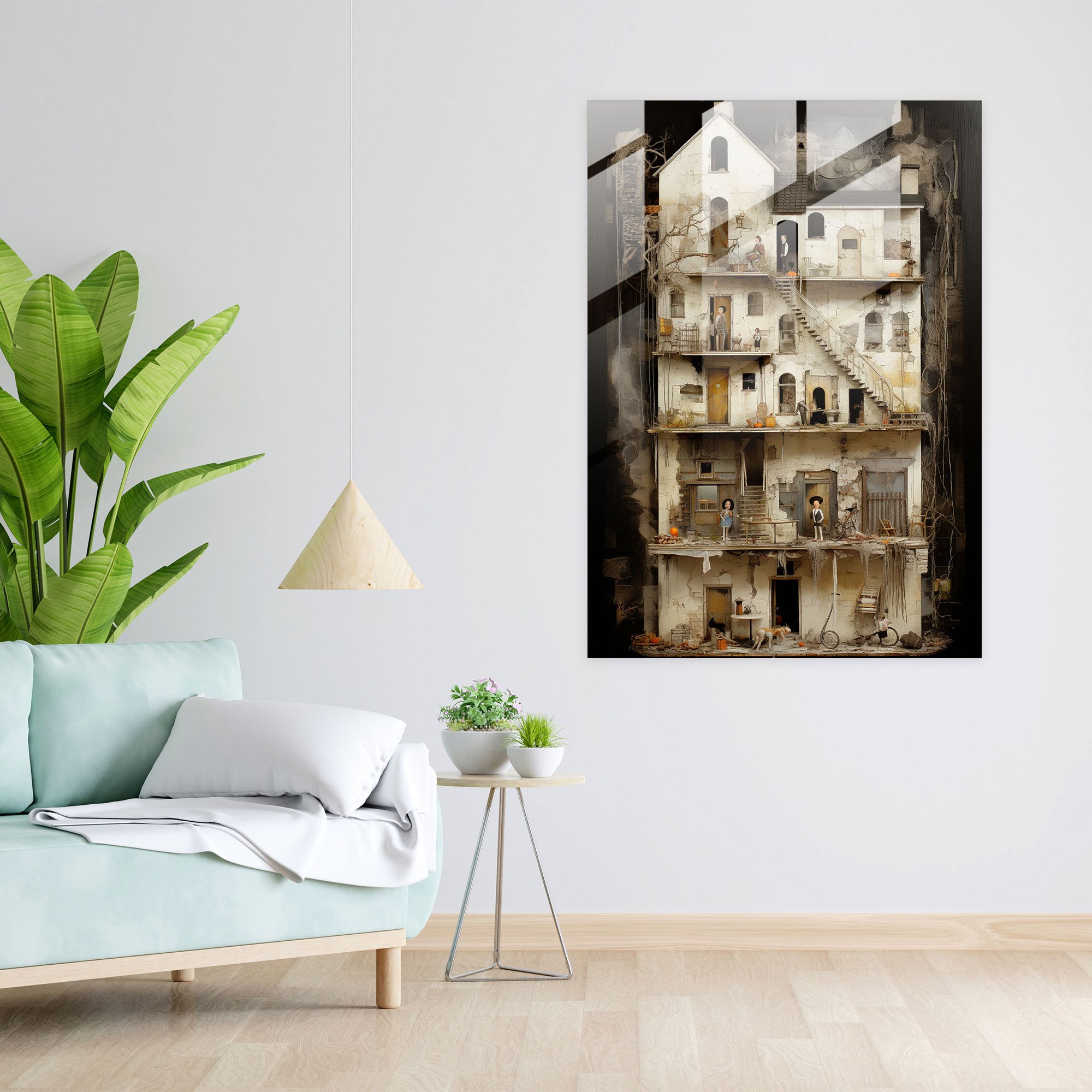 Horror Glass Print - Surreal Dollhouse With Distorted Figures - Horror, Modern Art, Horror, Glass Wall Art