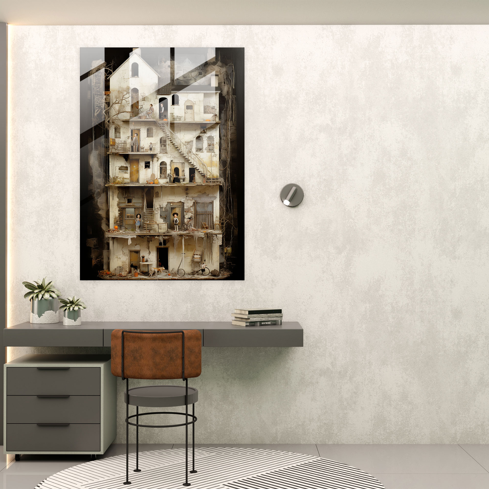 Horror Glass Print - Surreal Dollhouse With Distorted Figures - Horror, Modern Art, Horror, Glass Wall Art