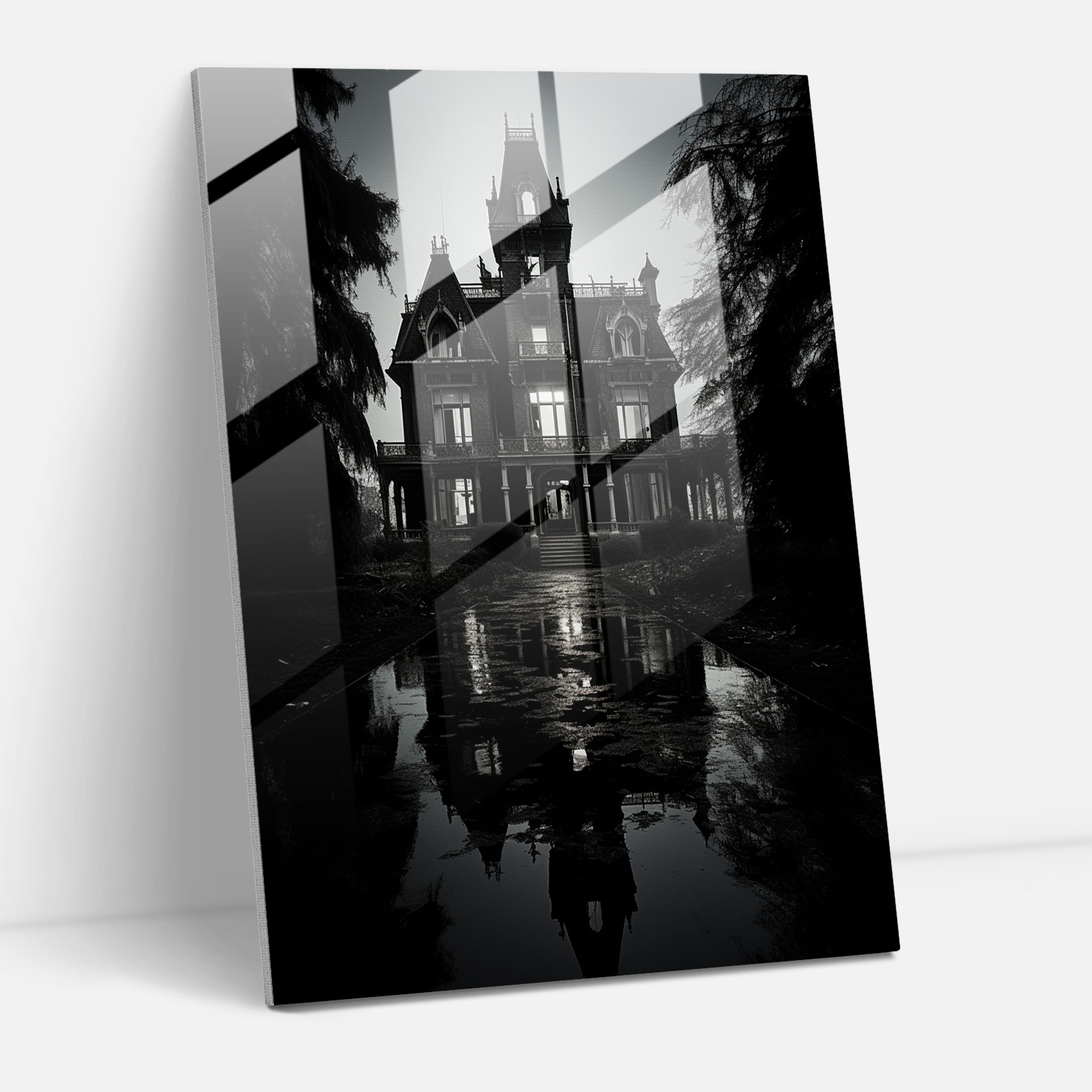 Horror Glass Print - Haunted Mansion In Monochrome - Horror, Haunted Mansion, Darkness, Home Decoration